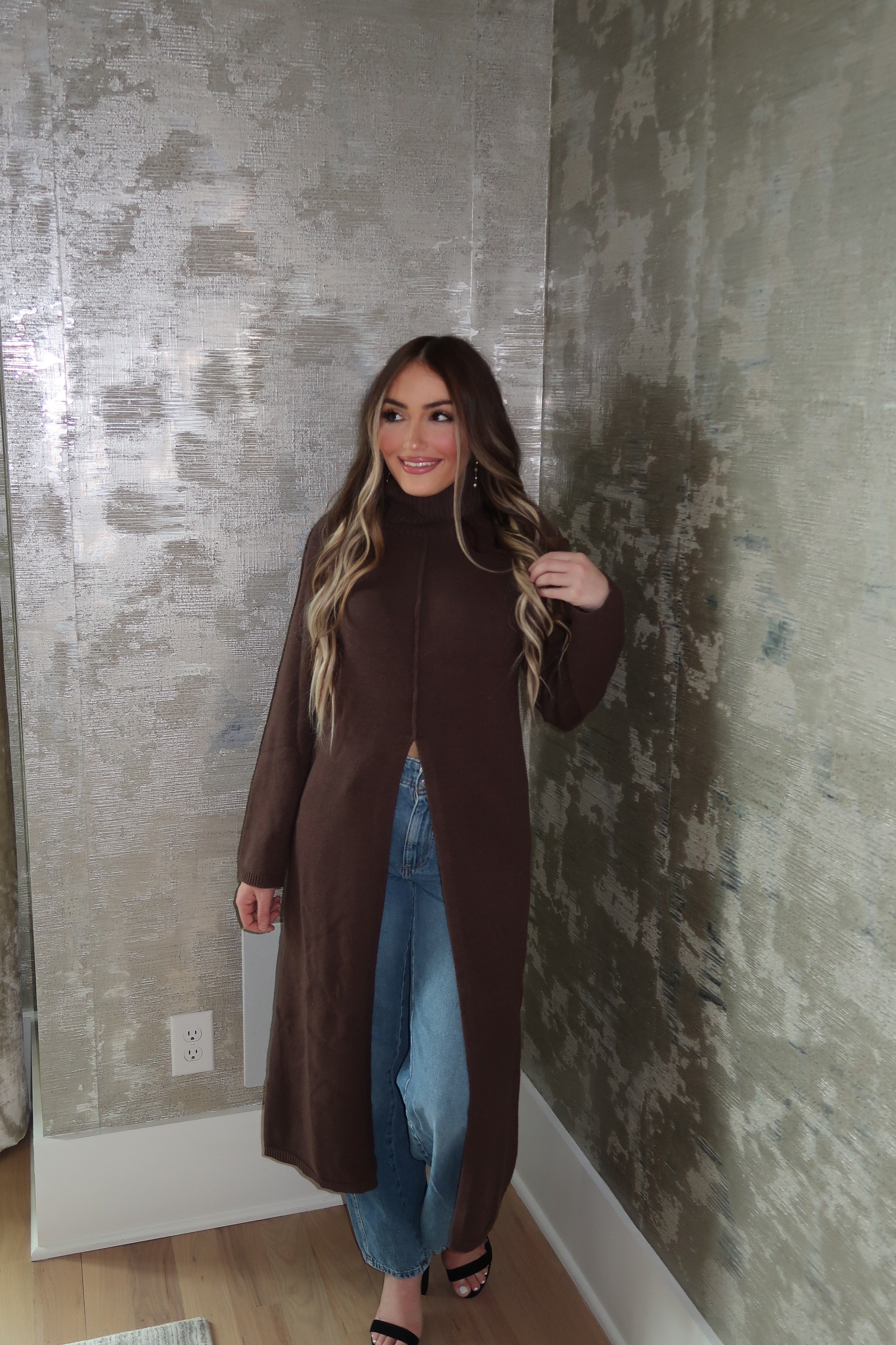 Tommie Turtleneck Tunic Sweater Dress- Brown Small Tommie Turtleneck Tunic Sweater Dress- Brown Small