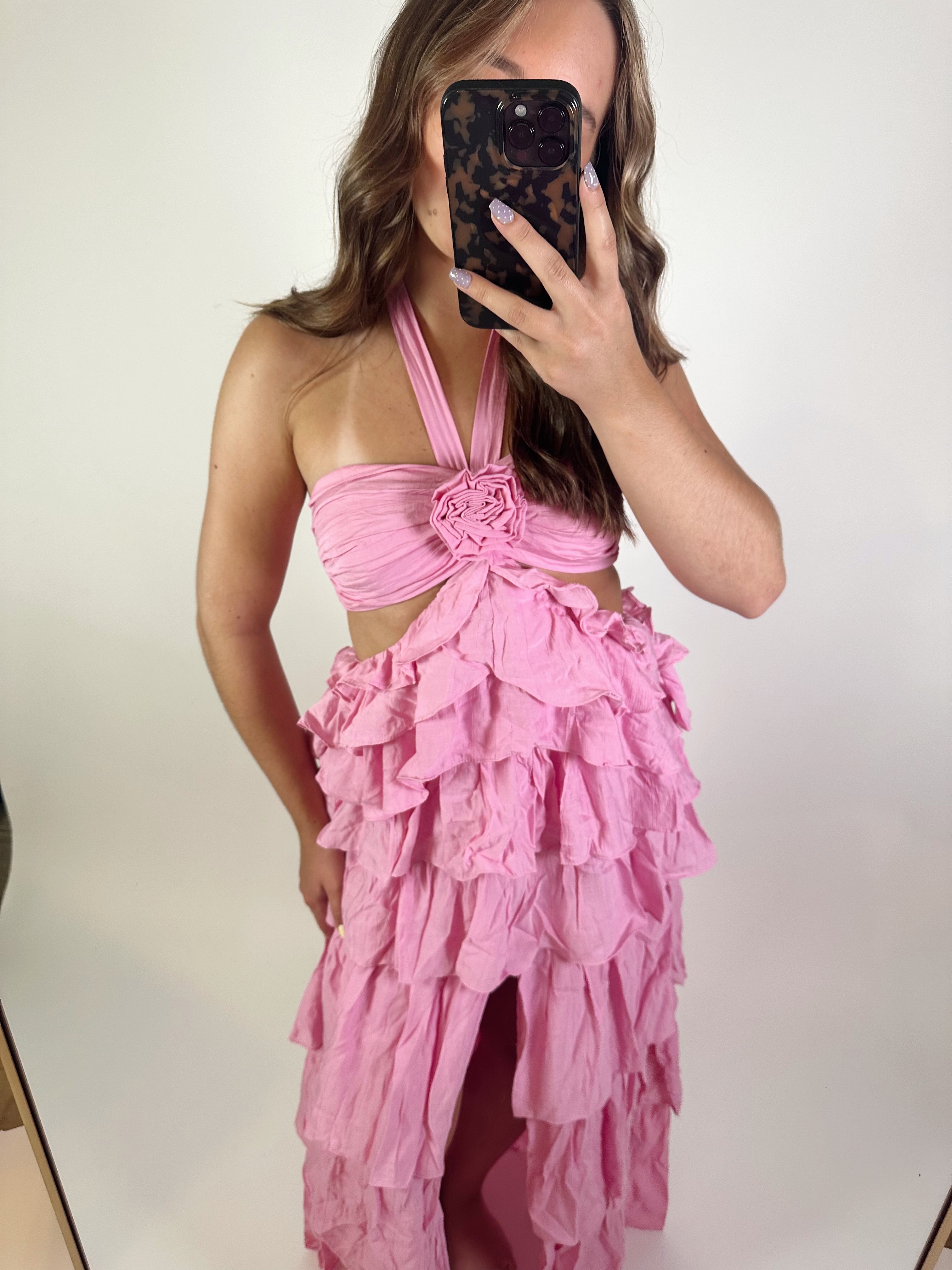 Casa Amor Rosette Halter Maxi Dress- Pink