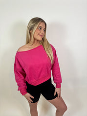 Gwynn Off Shoulder Cropped Sweater- Hot Pink