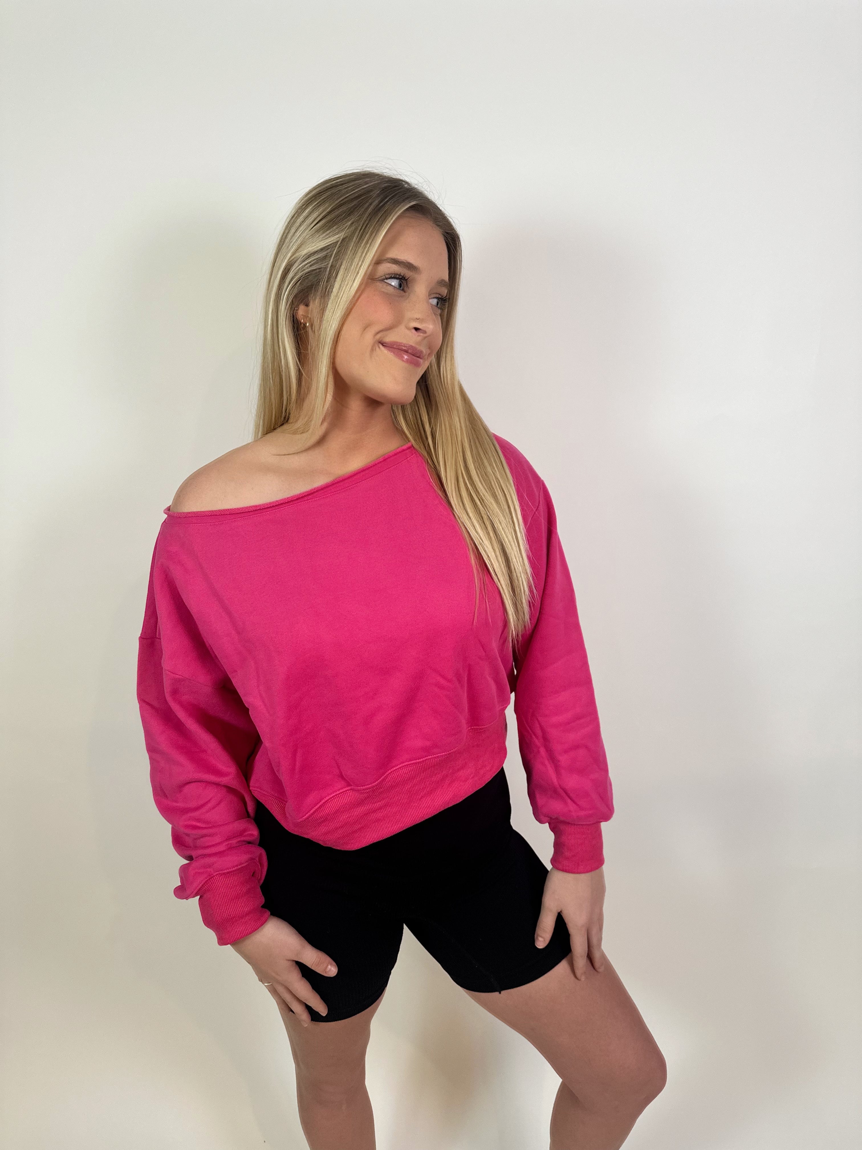 Gwynn Off Shoulder Cropped Sweater- Hot Pink