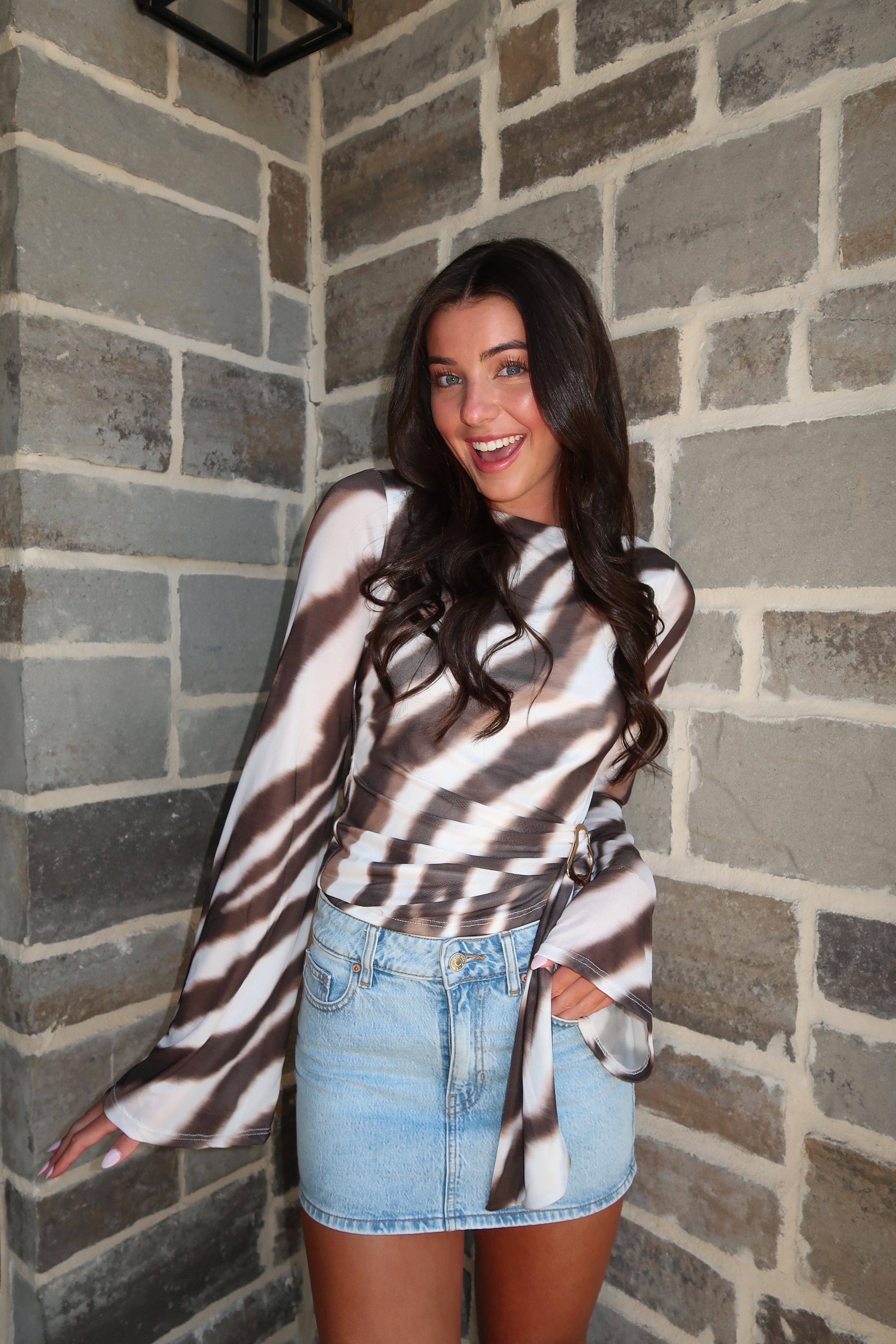 Zahara Long Sleeve Top- Ivory/Brown