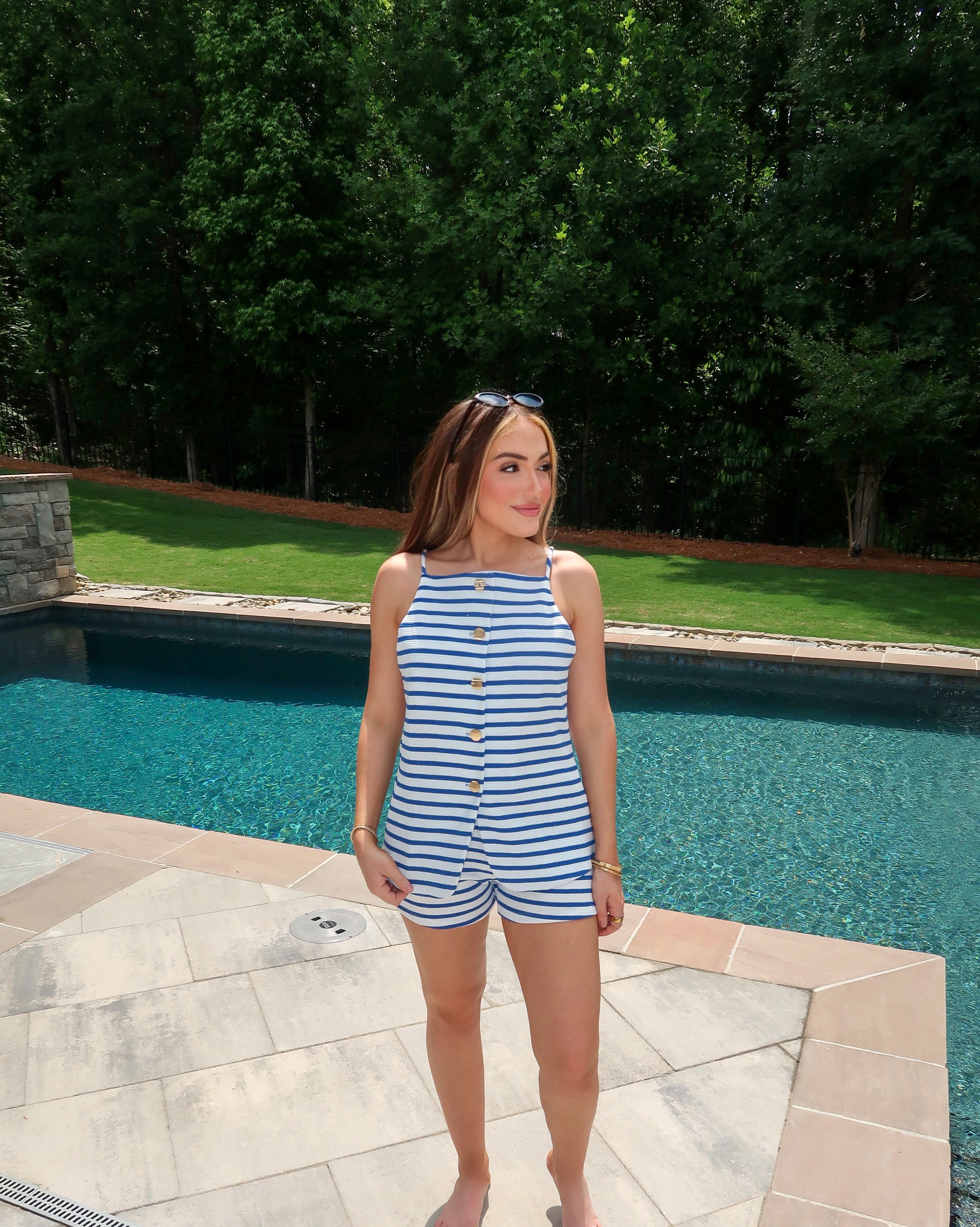 Jude Button Down Striped Set- White/Royal Blue