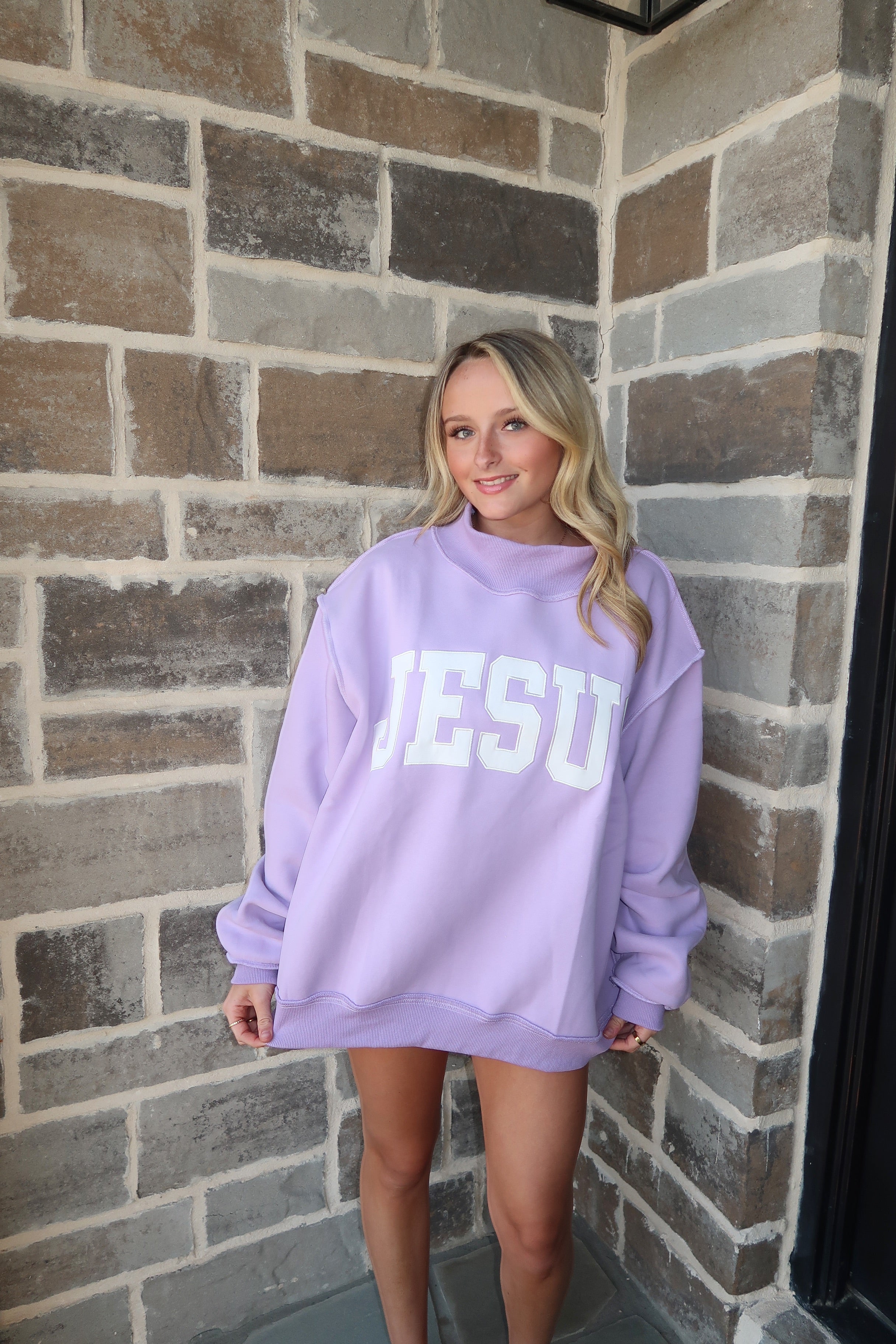 Jesus Embroidered Mockneck Sweatshirt- Lavender