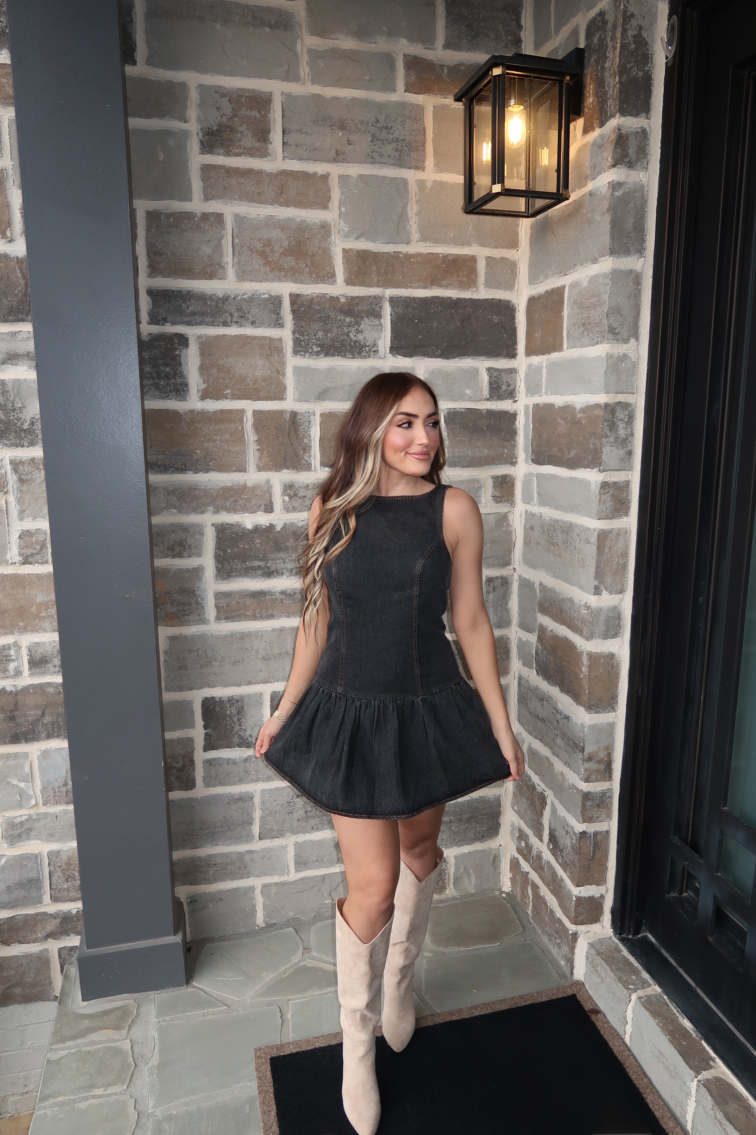 Jane Denim Bubble Hem Dress- Black Denim