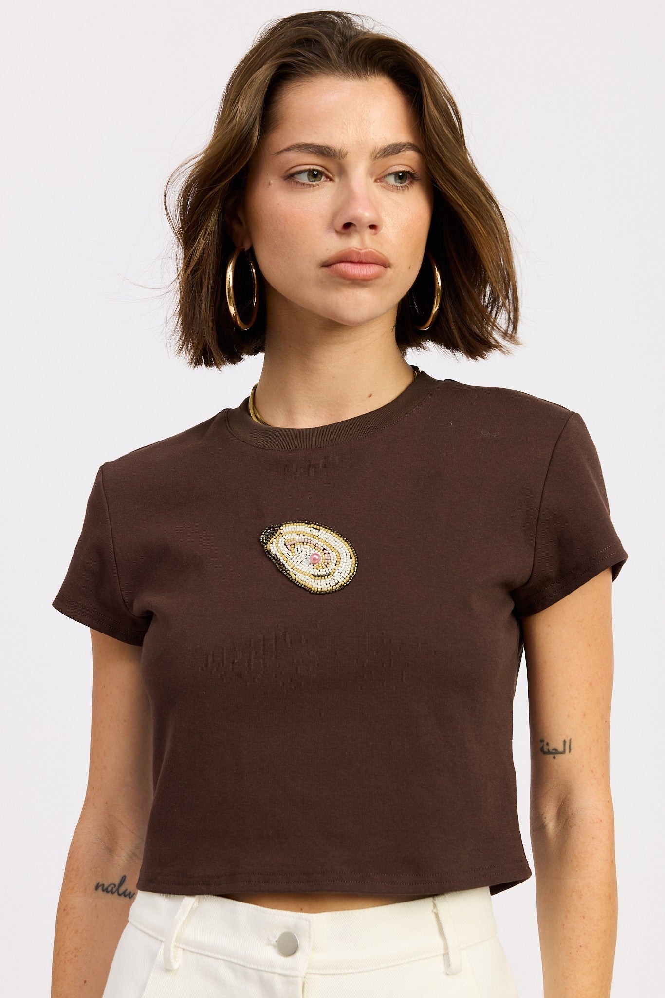 Oyster Beaded Embroidered Baby Tee- Chocolate