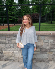 Blayke Short Roll-Up Sleeve V-Neck Top- Grey