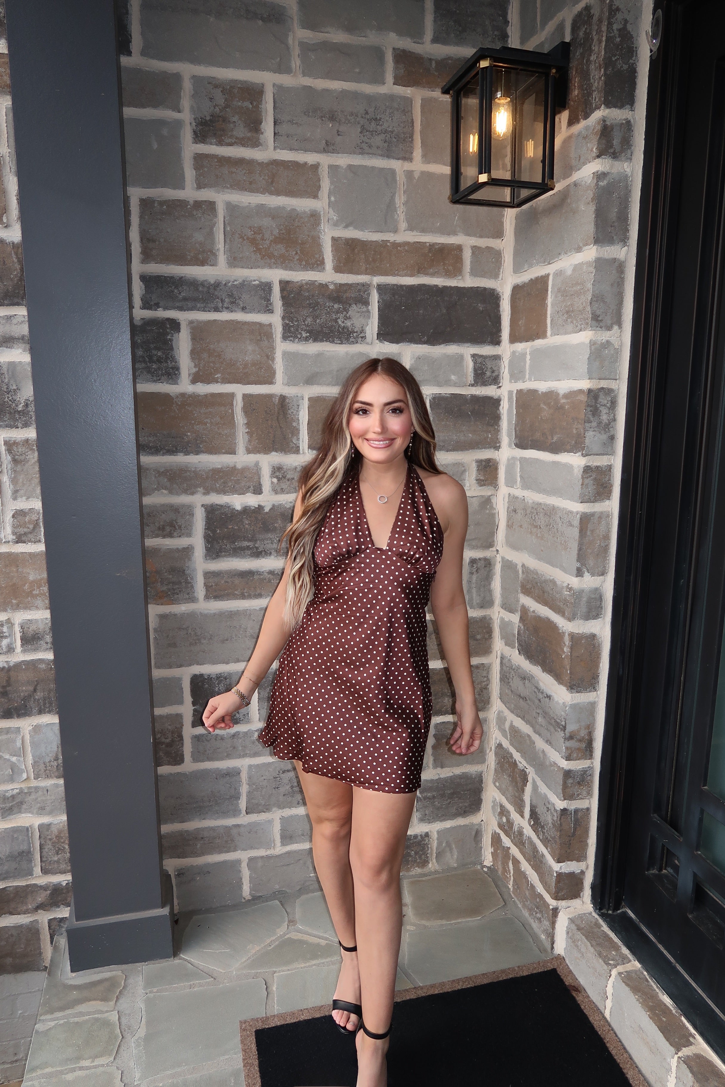 Fiona Polka Dot Halter Mini Dress- Chocolate Large Fiona Polka Dot Halter Mini Dress- Chocolate Large