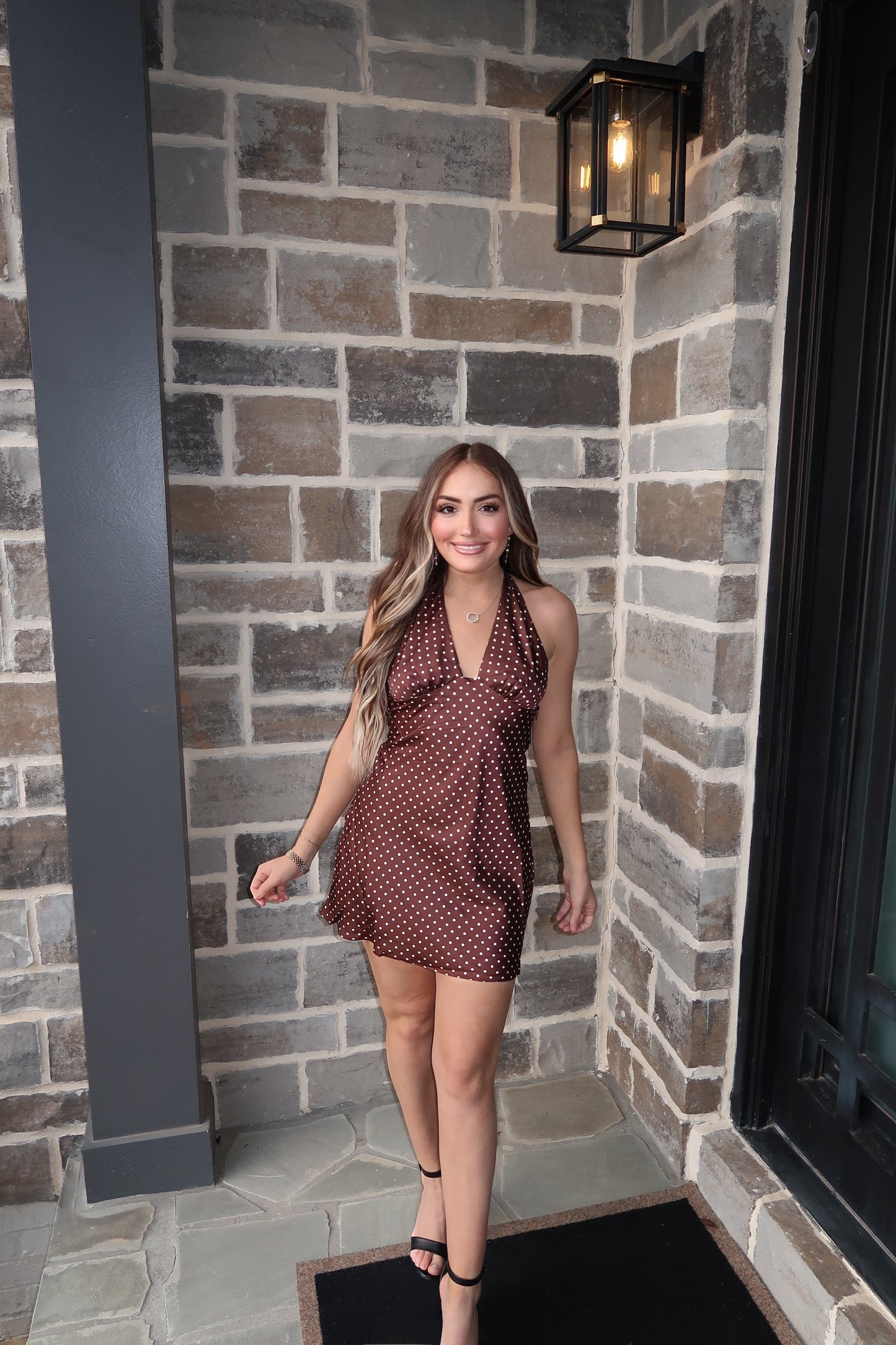 Fiona Polka Dot Halter Mini Dress- Chocolate