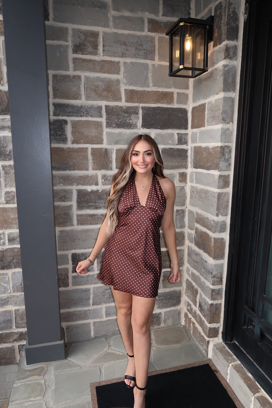 Fiona Polka Dot Halter Mini Dress- Chocolate