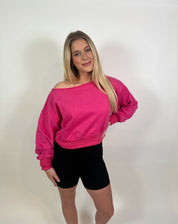 Gwynn Off Shoulder Cropped Sweater- Hot Pink