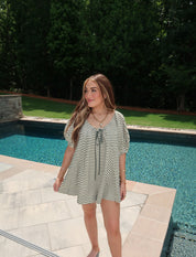 Rumi Striped Puff Sleeve Romper- Sage Green