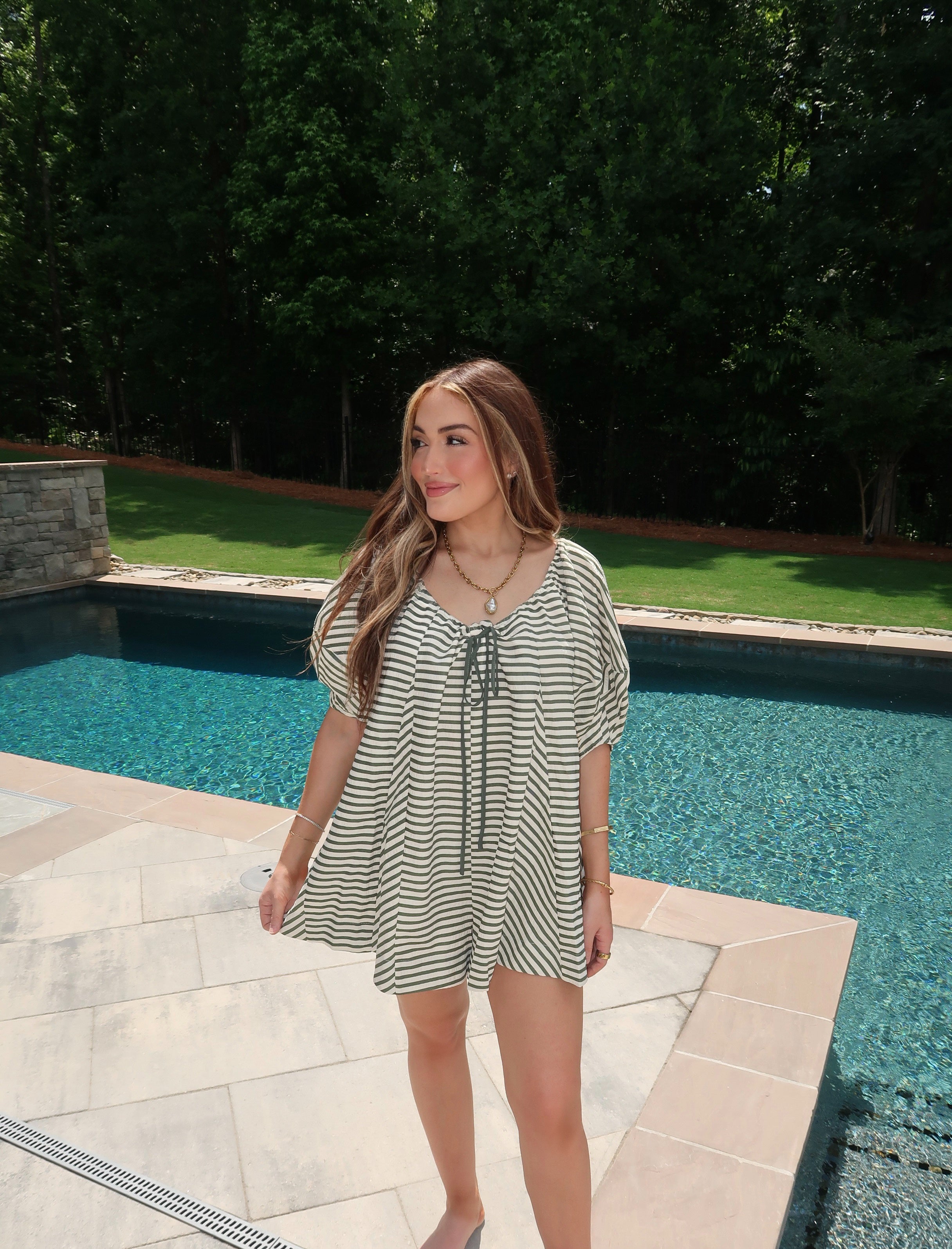 Rumi Striped Puff Sleeve Romper- Sage Green