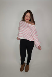 Camille Striped Knit Off The Shoulder Sweater- Pink