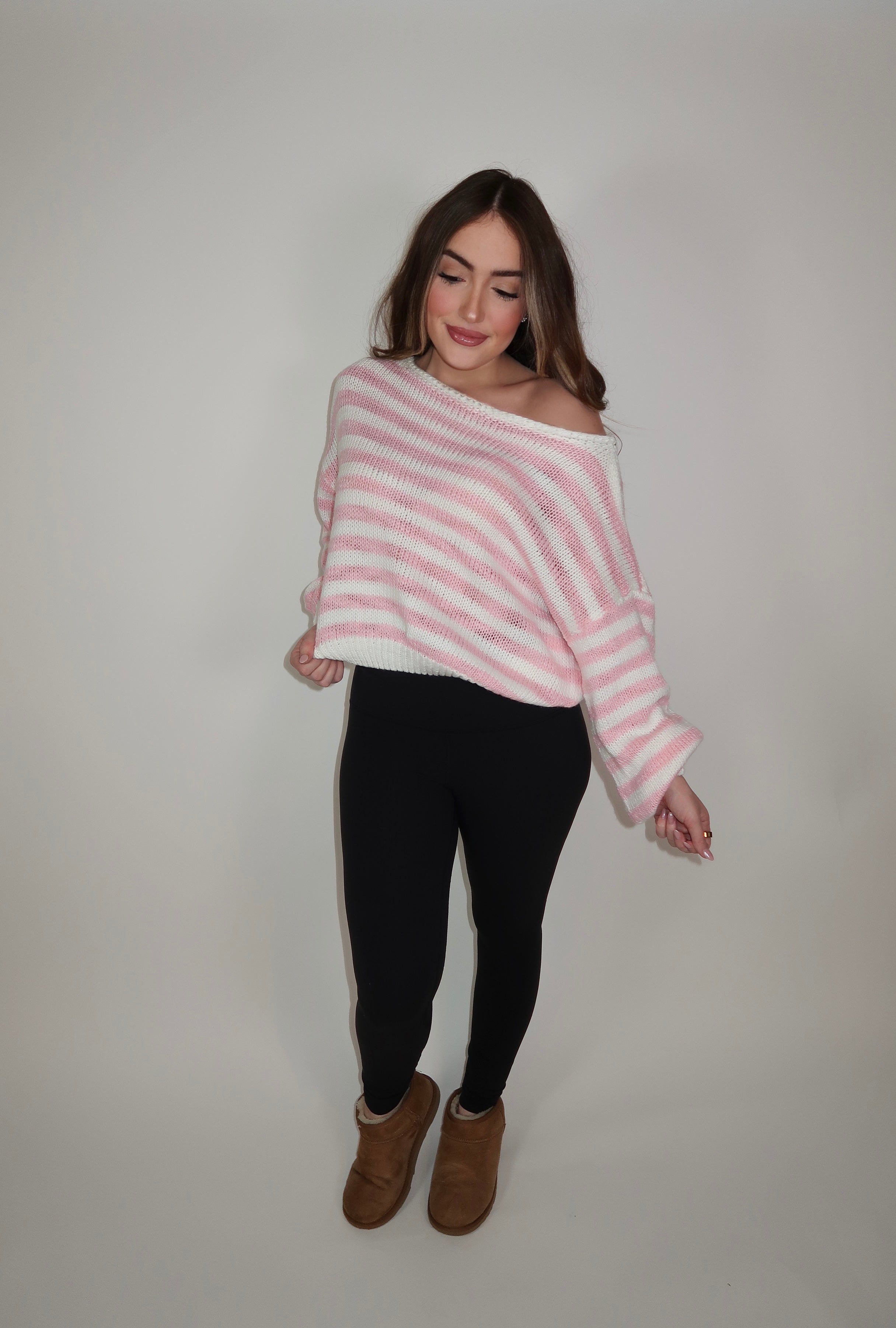 Camille Striped Knit Off The Shoulder Sweater- Pink