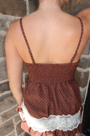 Maisie Lace Contrast Polka Dot Babydoll Cami Top- Brown