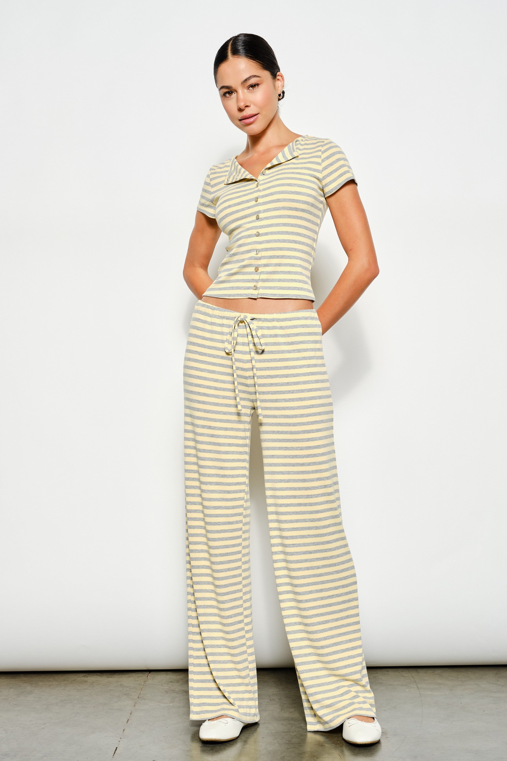 Pippa Striped Pants Set- Yellow/Grey