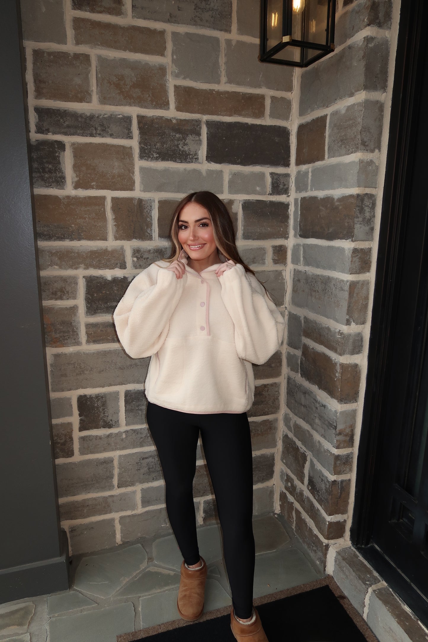 Cassie Fleece Button Top- Ivory/Pink