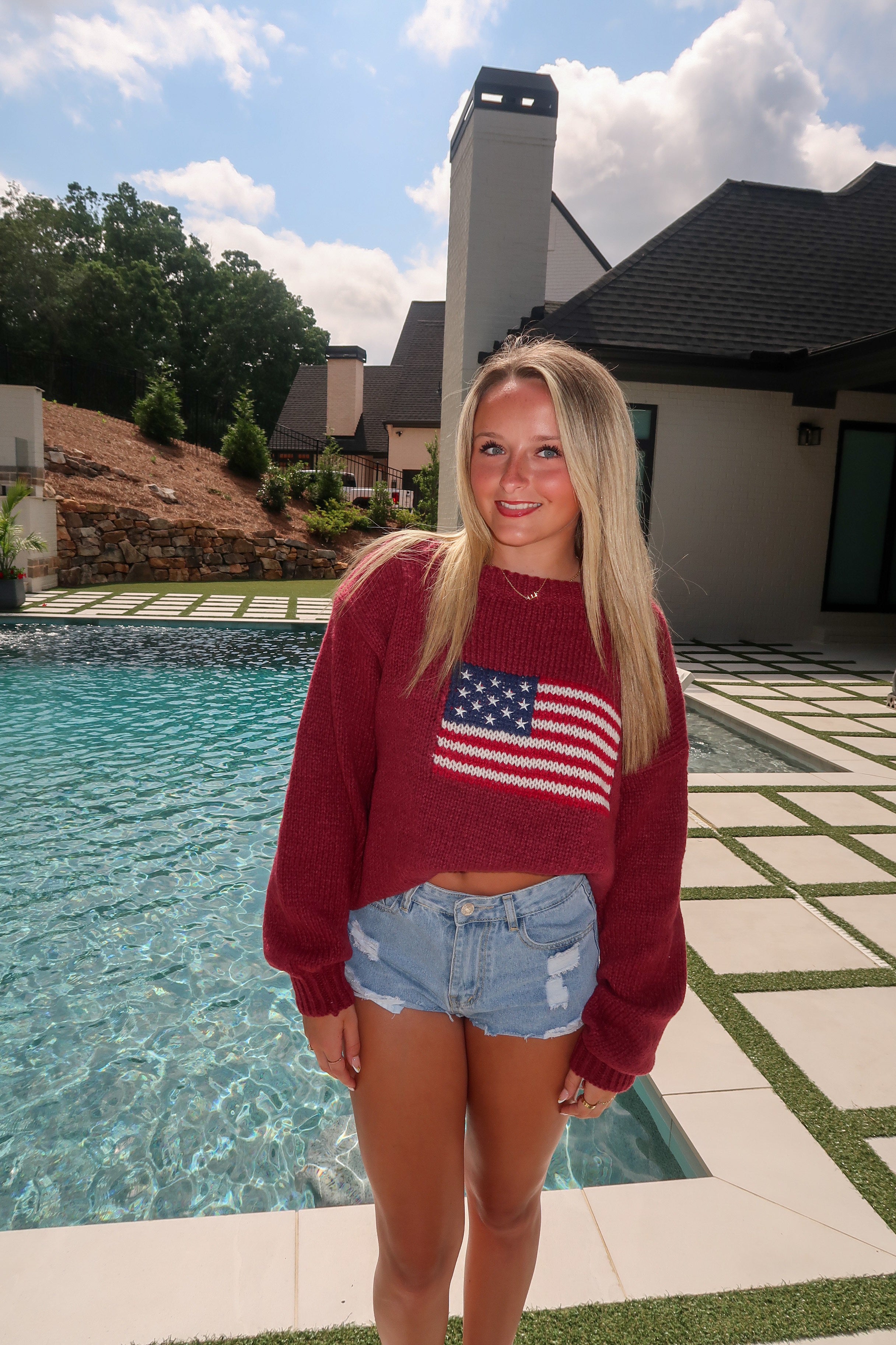 Bryn American Flag Ribbed Knit Sweater- Burgundy