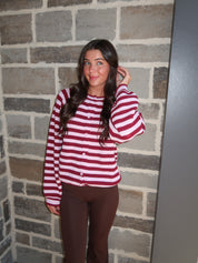 Josie Striped Sweater Cardigan- Burgundy/Pink