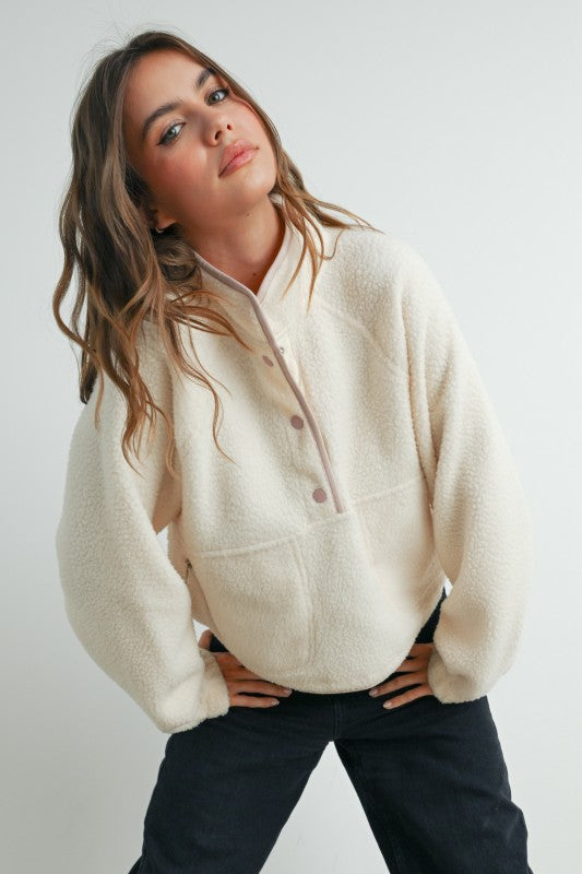 Cassie Fleece Button Top- Ivory/Pink