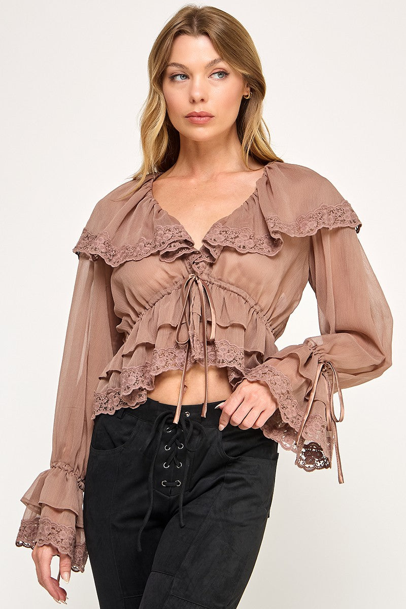 Colette Chiffon Lace Ruffle Long Sleeve Top- Mocha