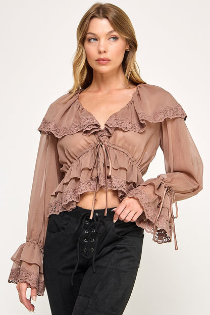 Colette Chiffon Lace Ruffle Long Sleeve Top- Mocha