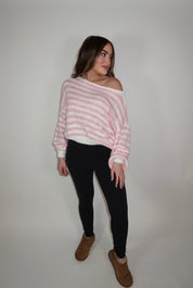 Camille Striped Knit Off The Shoulder Sweater- Pink