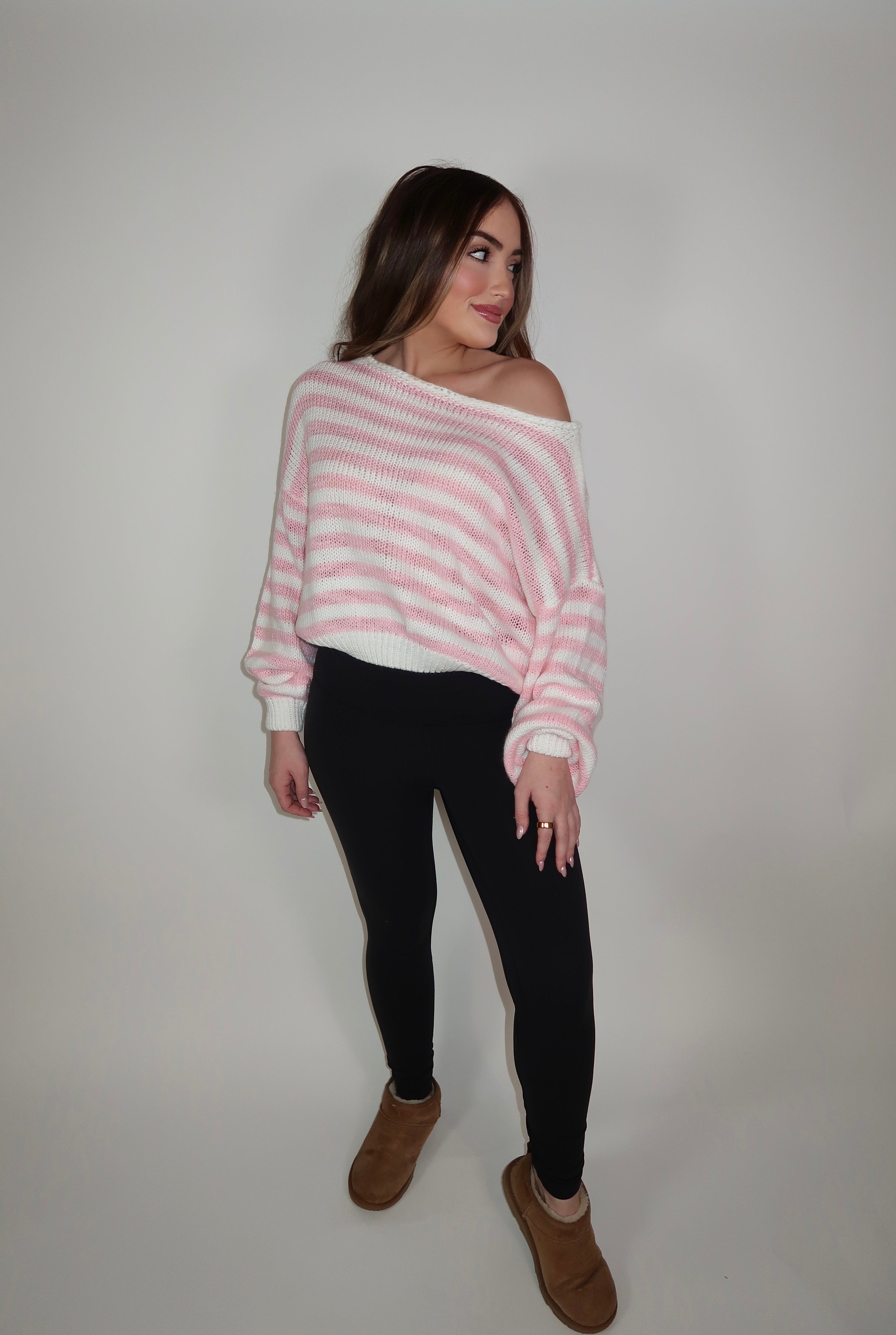 Camille Striped Knit Off The Shoulder Sweater- Pink