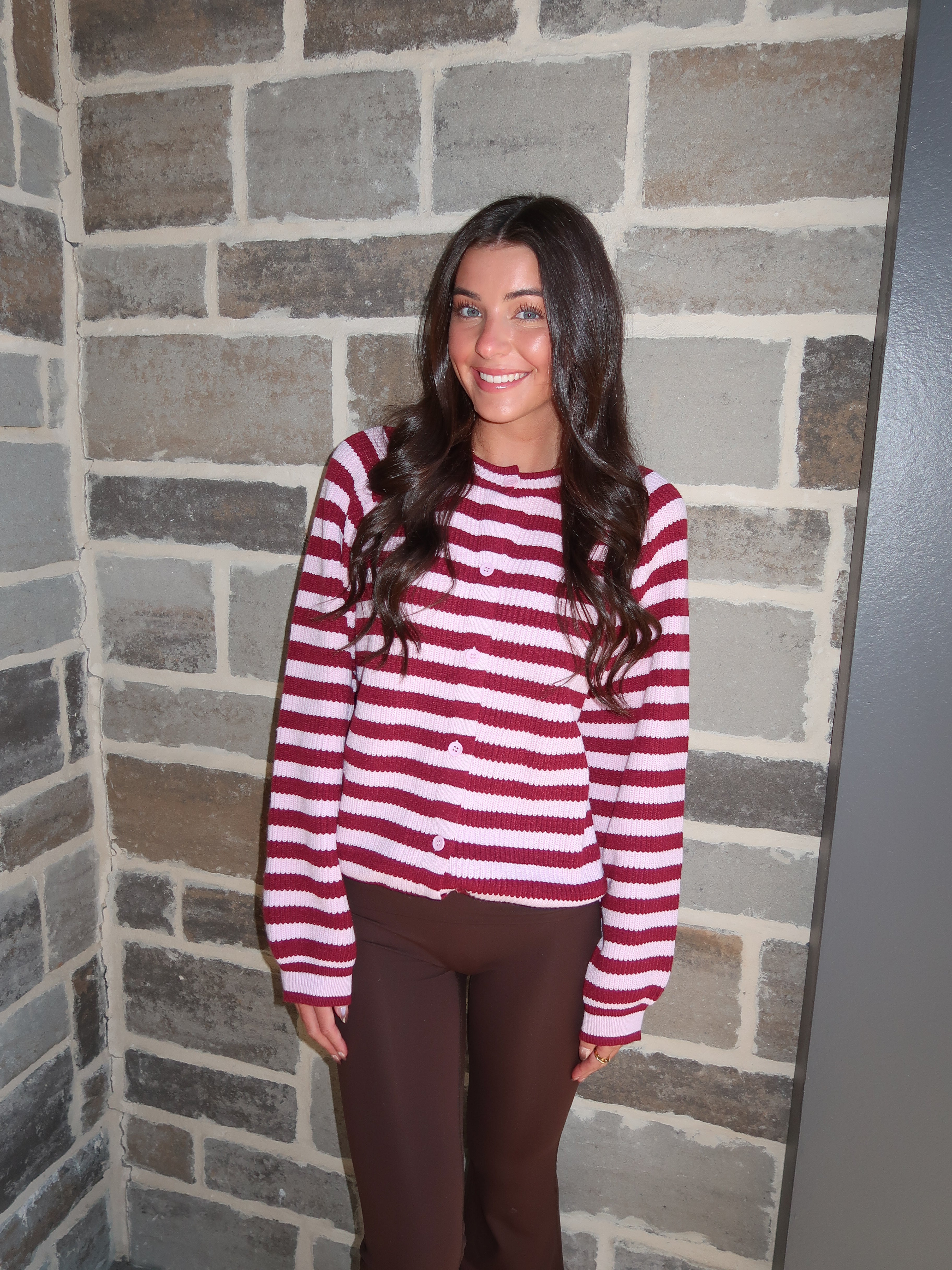 Josie Striped Sweater Cardigan- Burgundy/Pink