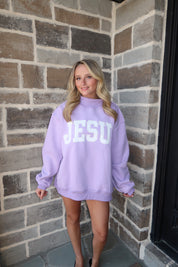 Jesus Embroidered Mockneck Sweatshirt- Lavender
