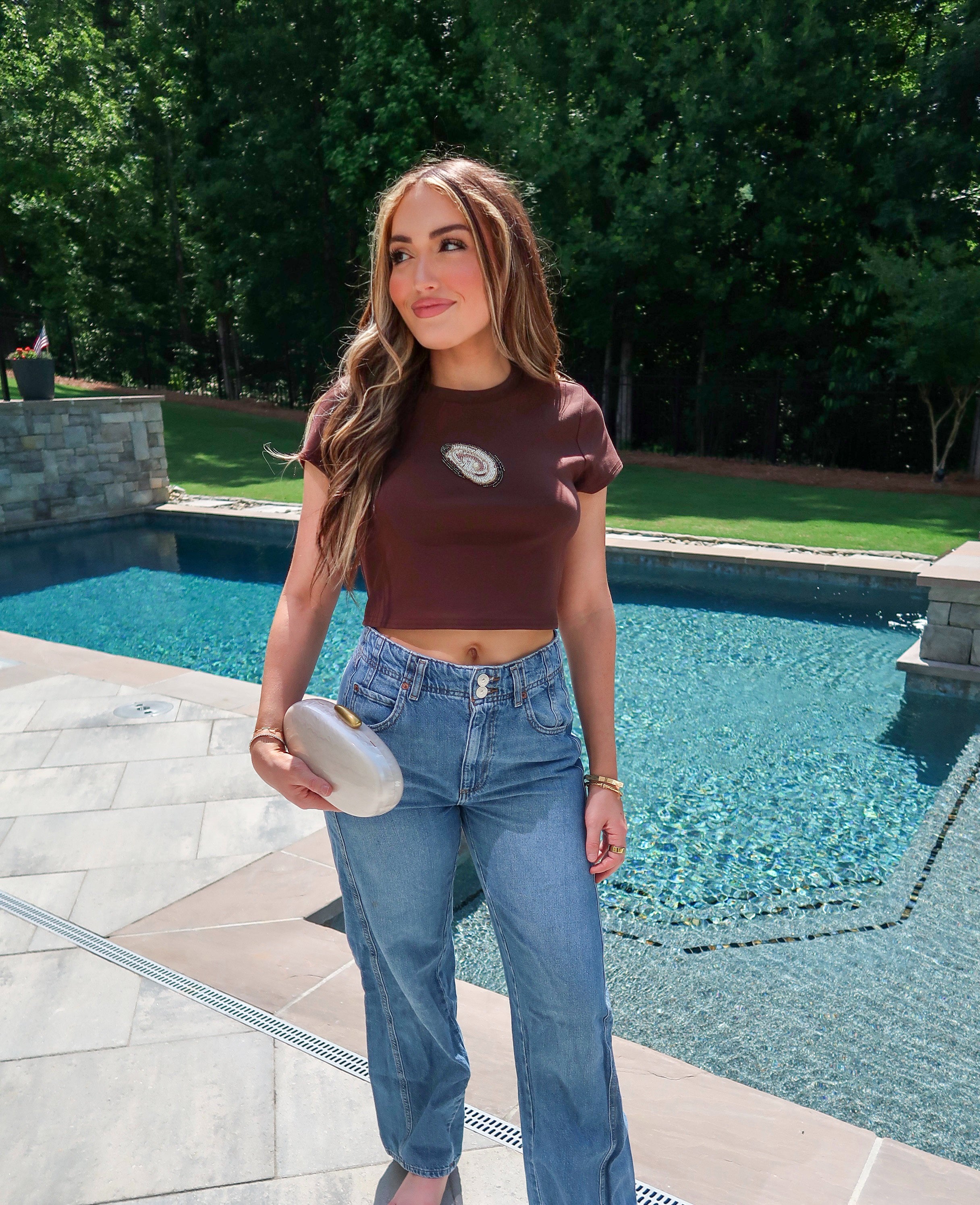 Oyster Beaded Embroidered Baby Tee- Chocolate