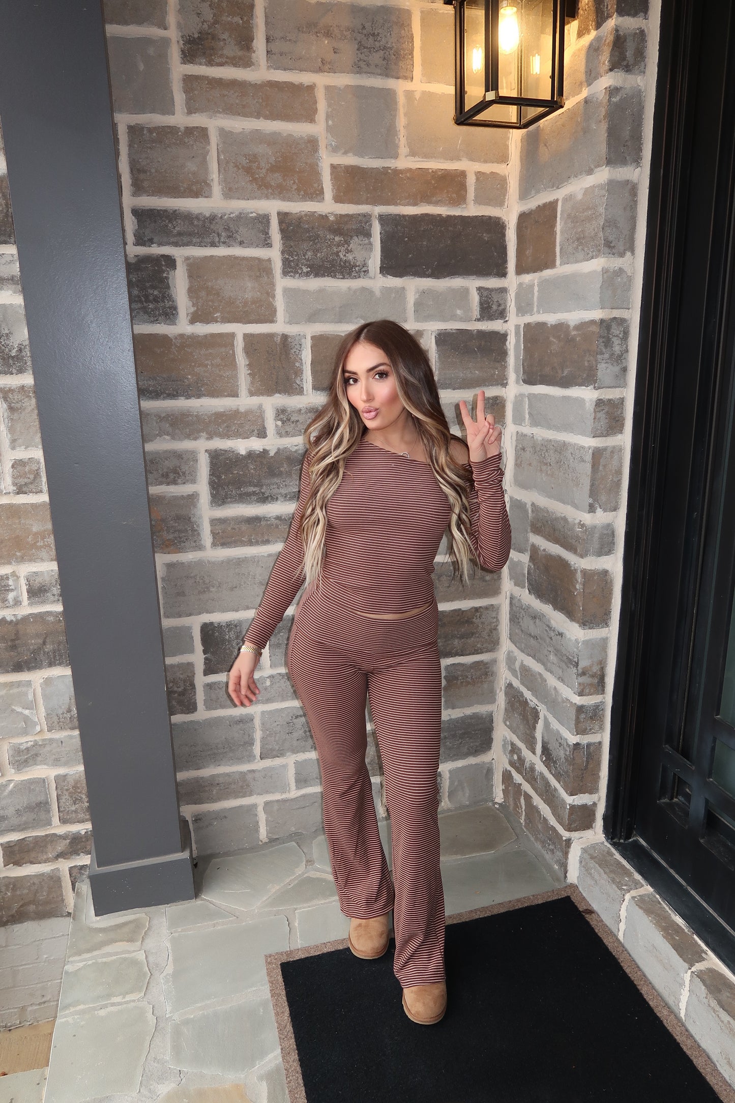 Kamryn Striped Flared Pants- Brown