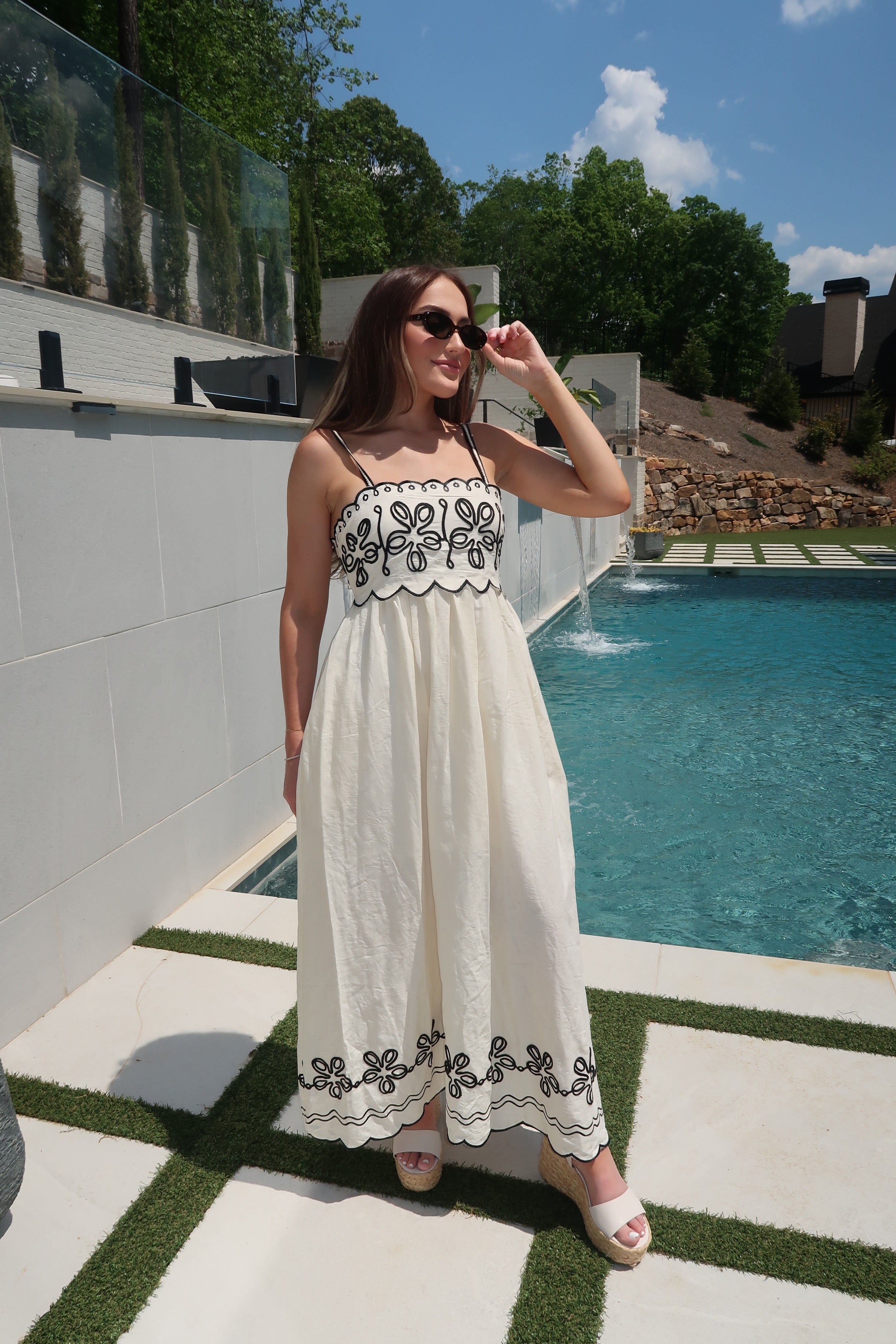 Marlowe Embroidered Maxi Dress With Contrast Detail- Cream/Black