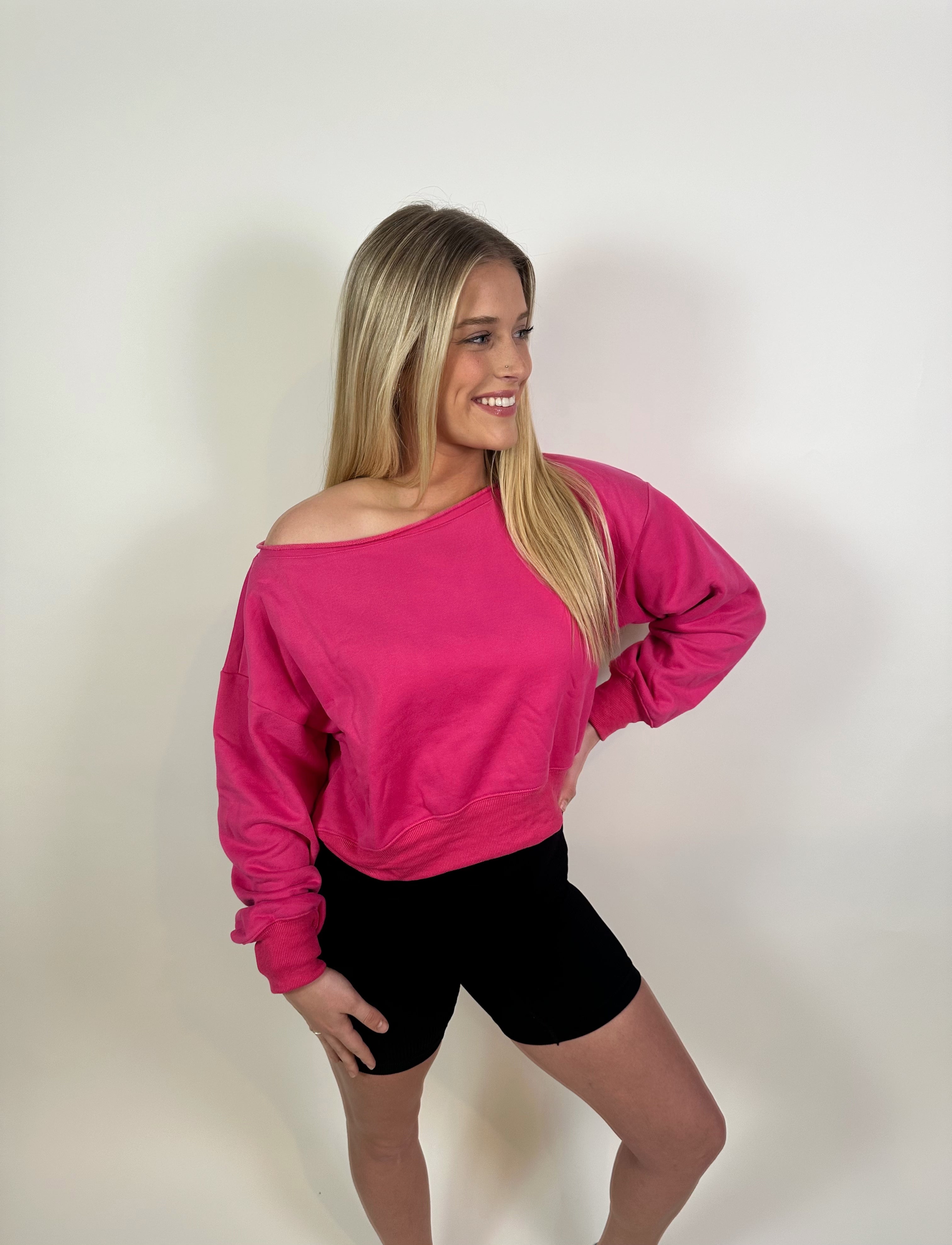 Gwynn Off Shoulder Cropped Sweater- Hot Pink