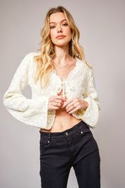 Alice Open Knit Tie Front Shrug- Ivory