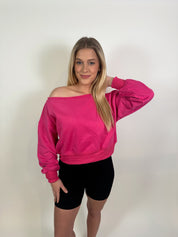 Gwynn Off Shoulder Cropped Sweater- Hot Pink