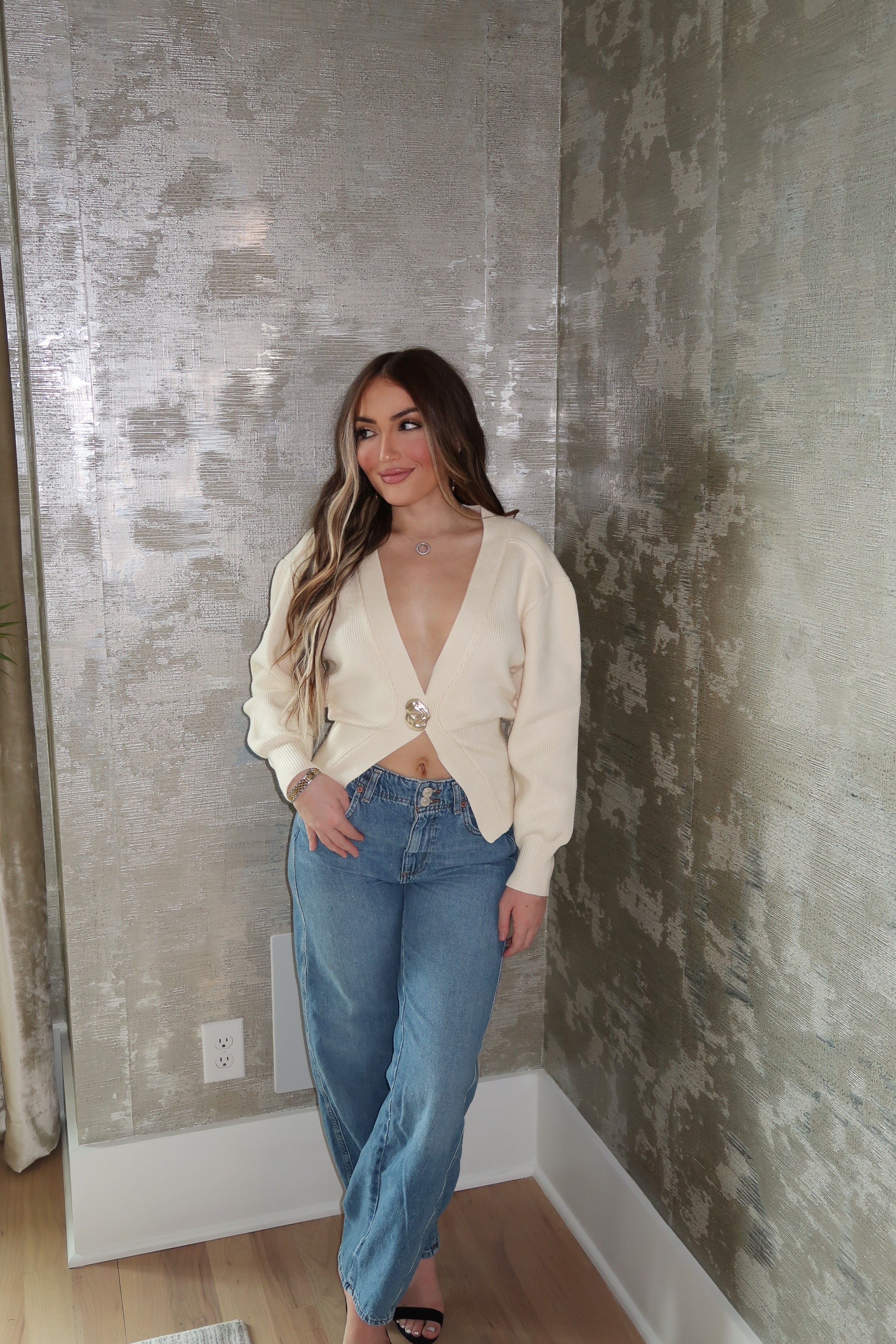 Zelena Gold Button Cardigan- Cream