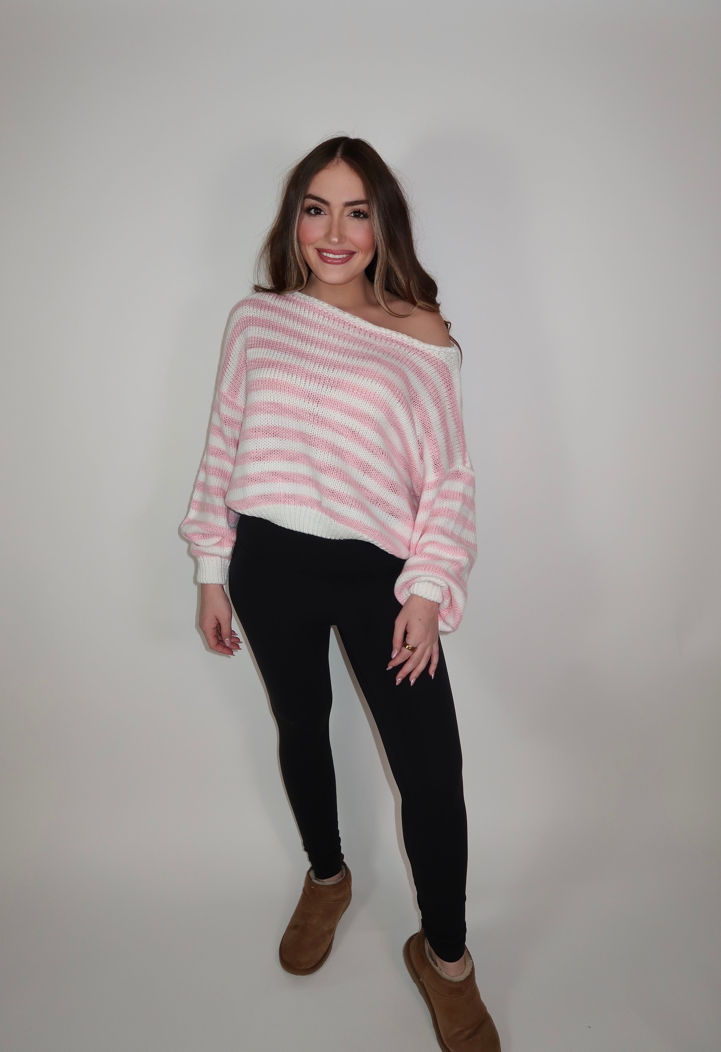 Camille Striped Knit Off The Shoulder Sweater- Pink