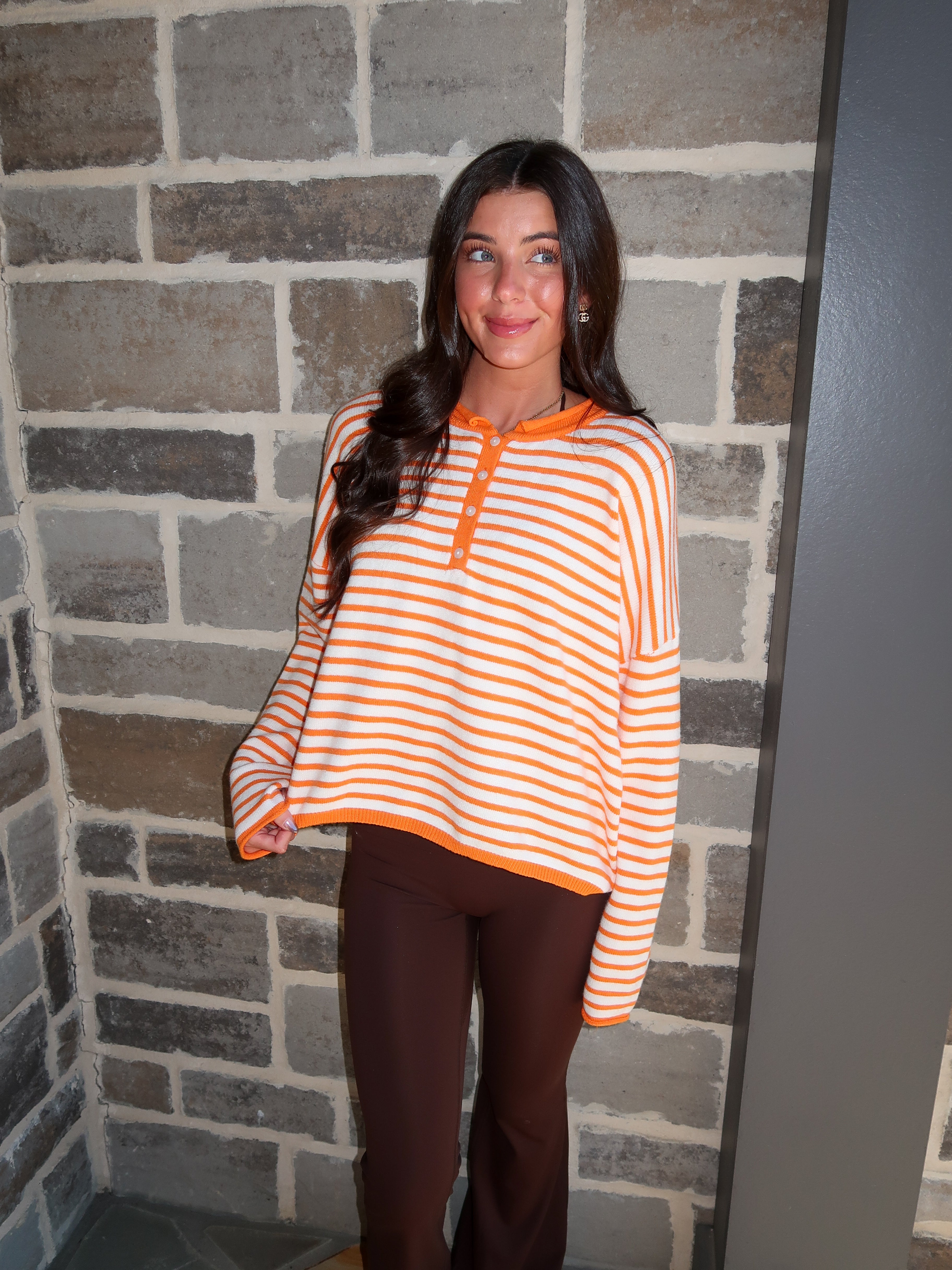 Harlow Striped Henley Knit Top- Sunkist