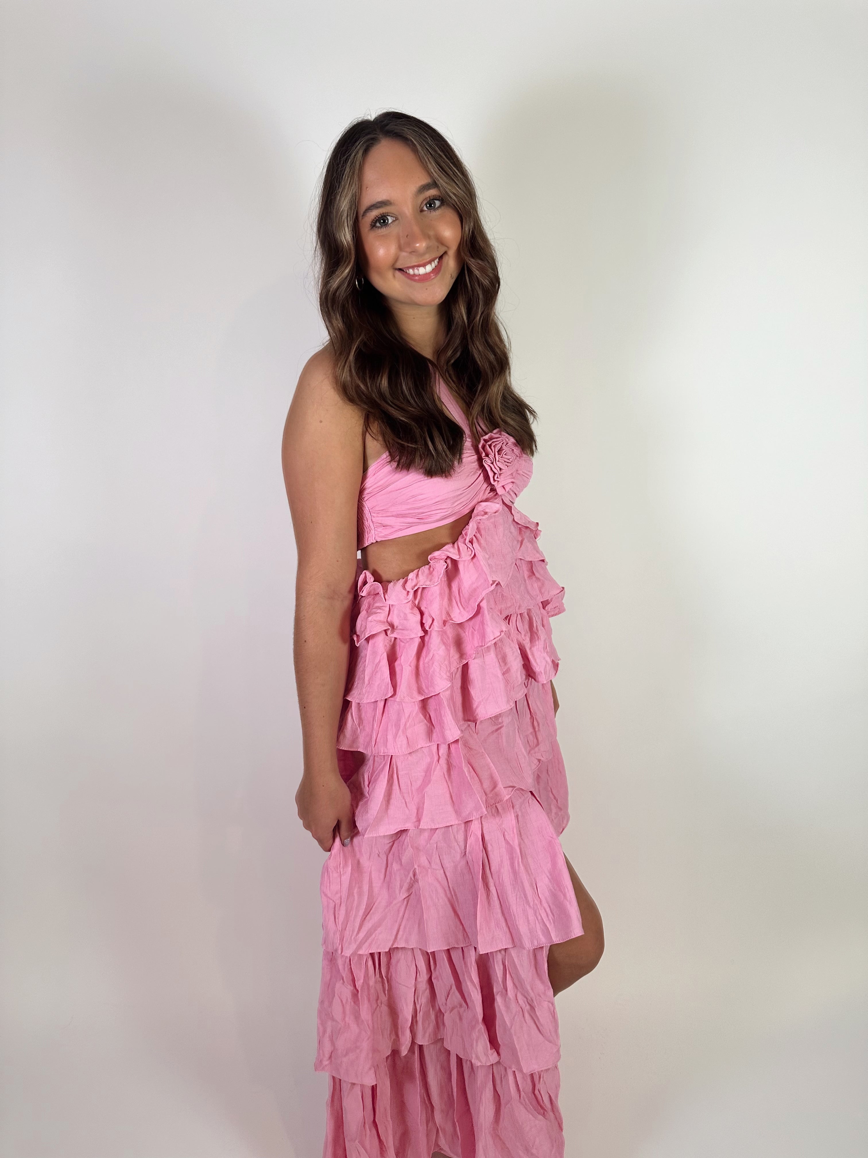 Casa Amor Rosette Halter Maxi Dress- Pink