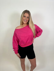 Gwynn Off Shoulder Cropped Sweater- Hot Pink