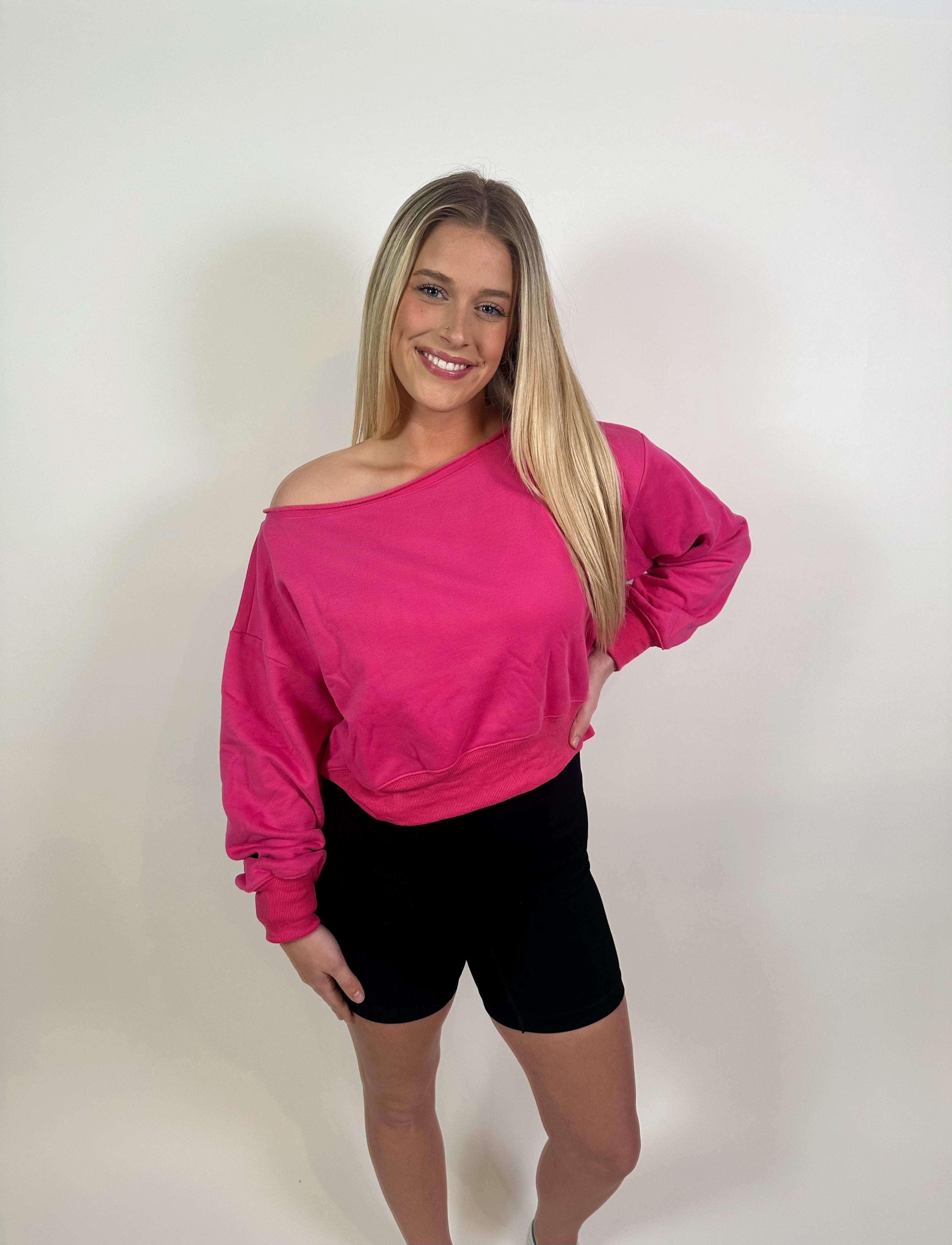 Gwynn Off Shoulder Cropped Sweater- Hot Pink