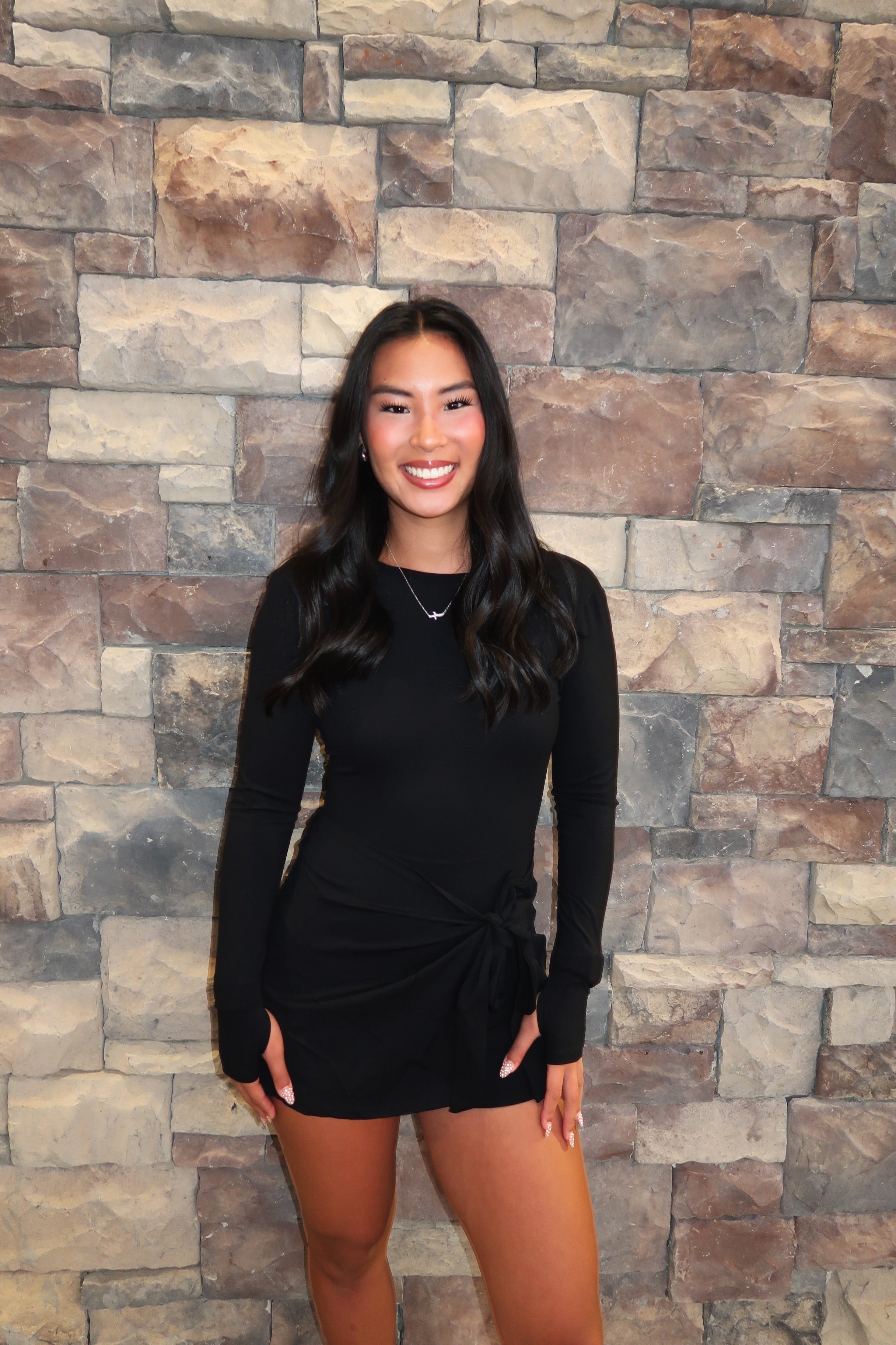 Elle Long Sleeve Wrap Athletic Dress- Black