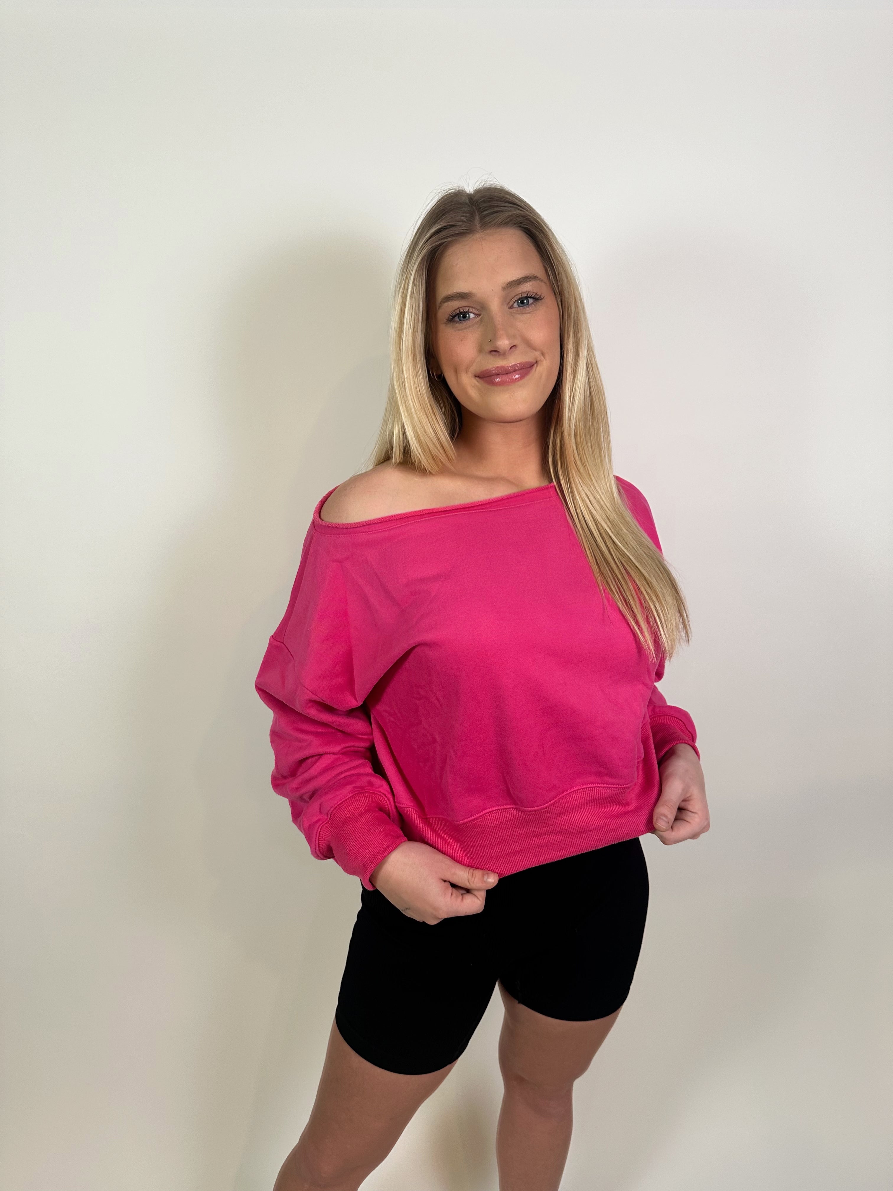Gwynn Off Shoulder Cropped Sweater- Hot Pink