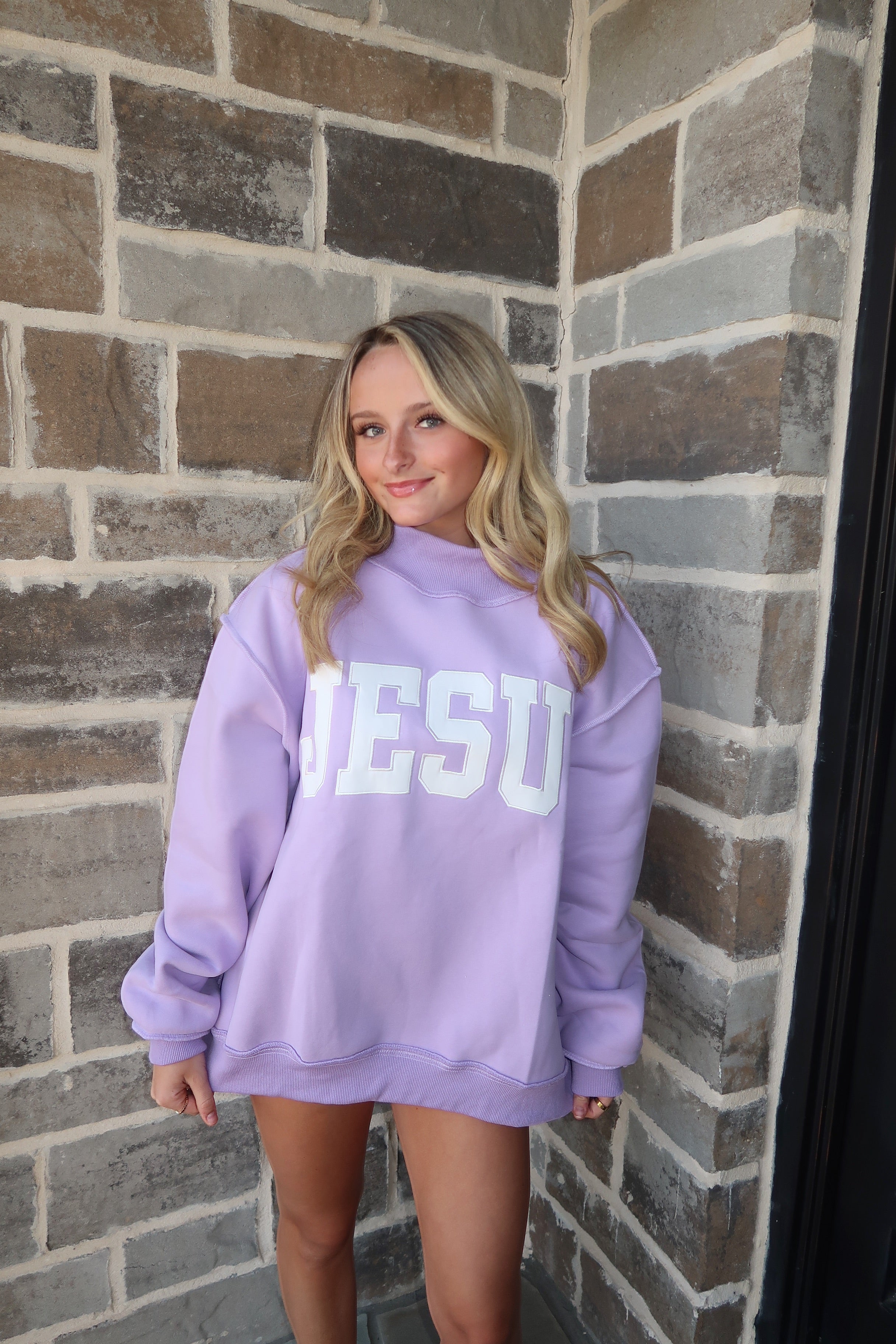 Jesus Embroidered Mockneck Sweatshirt- Lavender