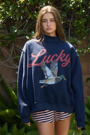 Lucky Duck Graphic Reversible Mockneck- Navy