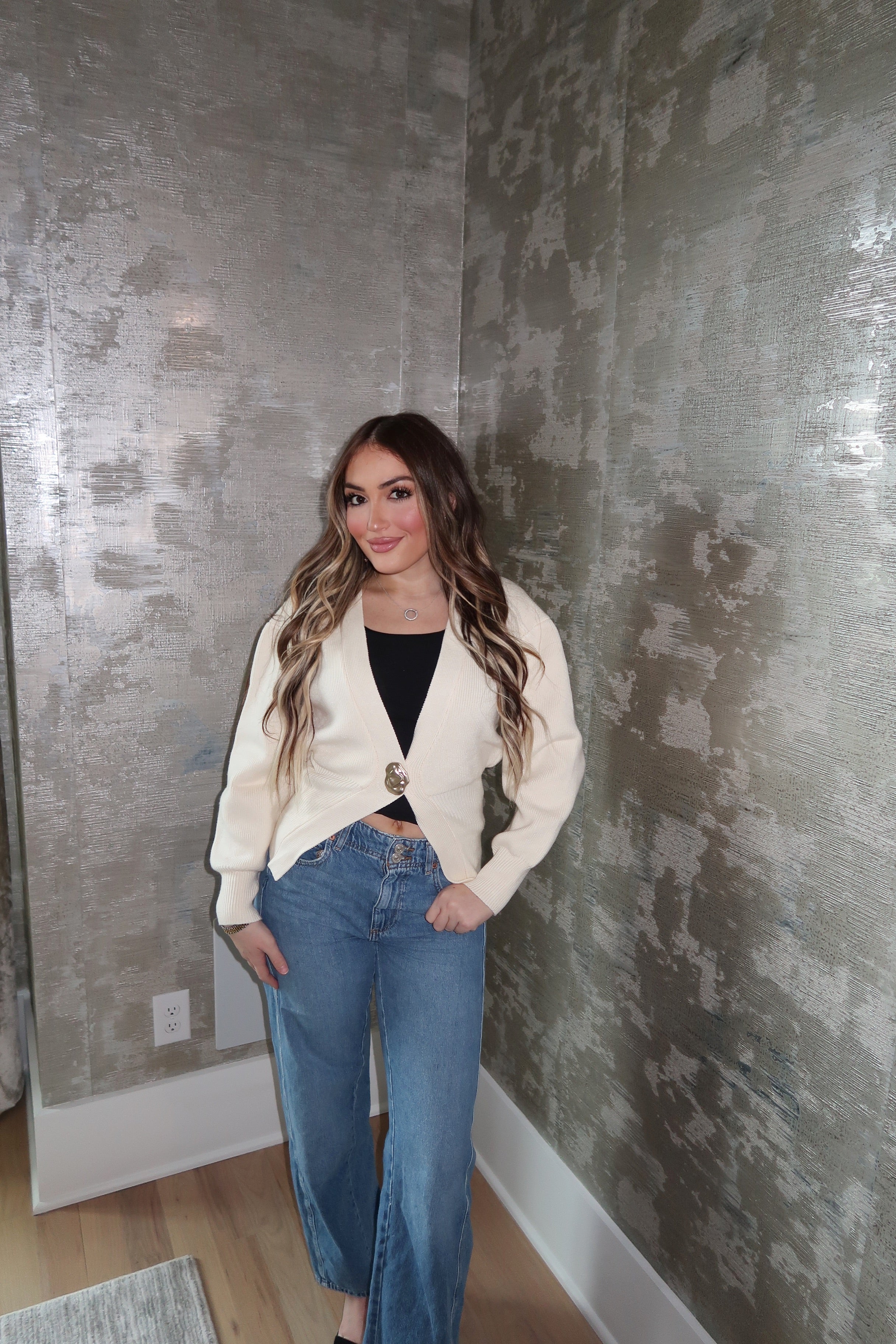 Zelena Gold Button Cardigan- Cream