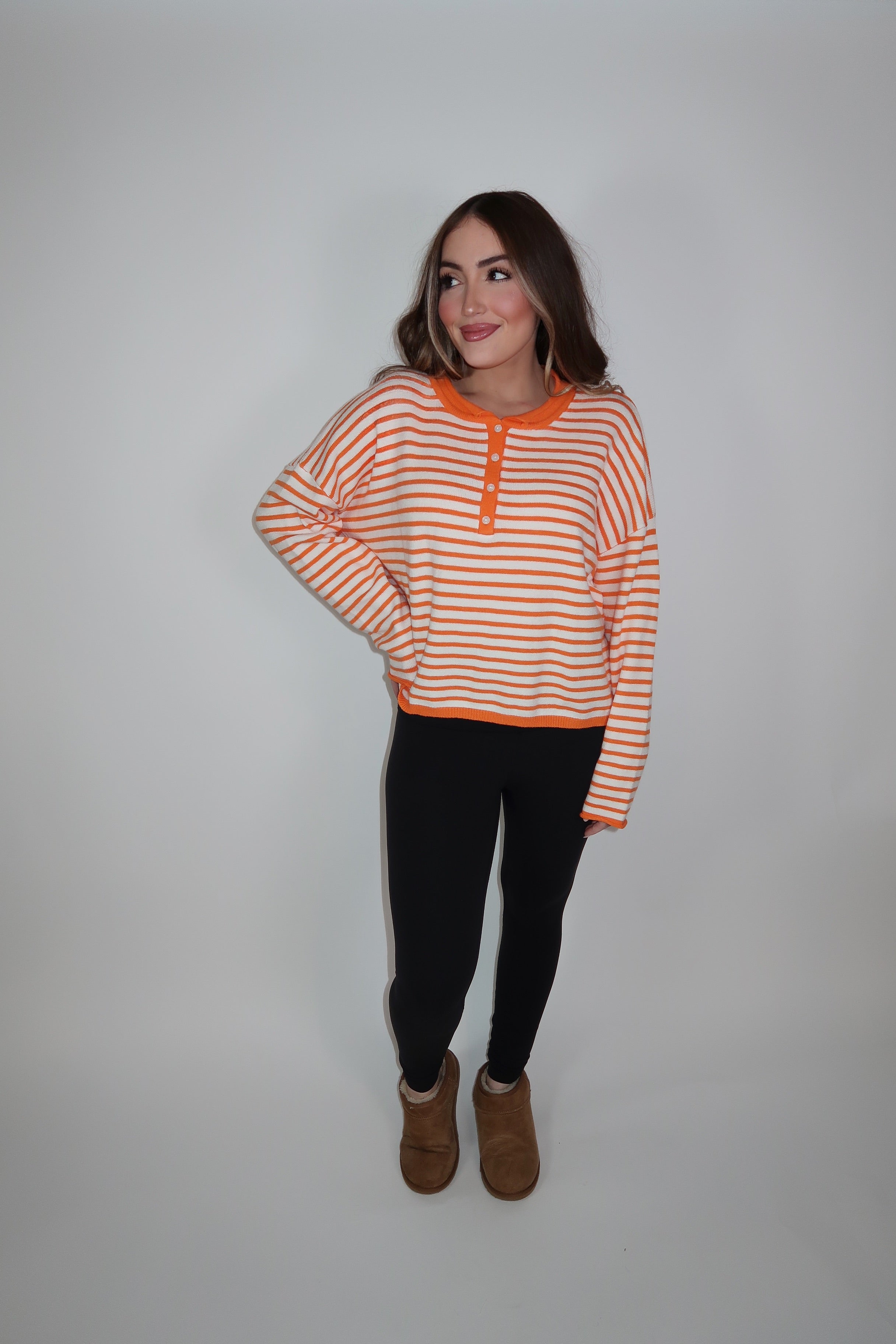 Harlow Striped Henley Knit Top- Sunkist