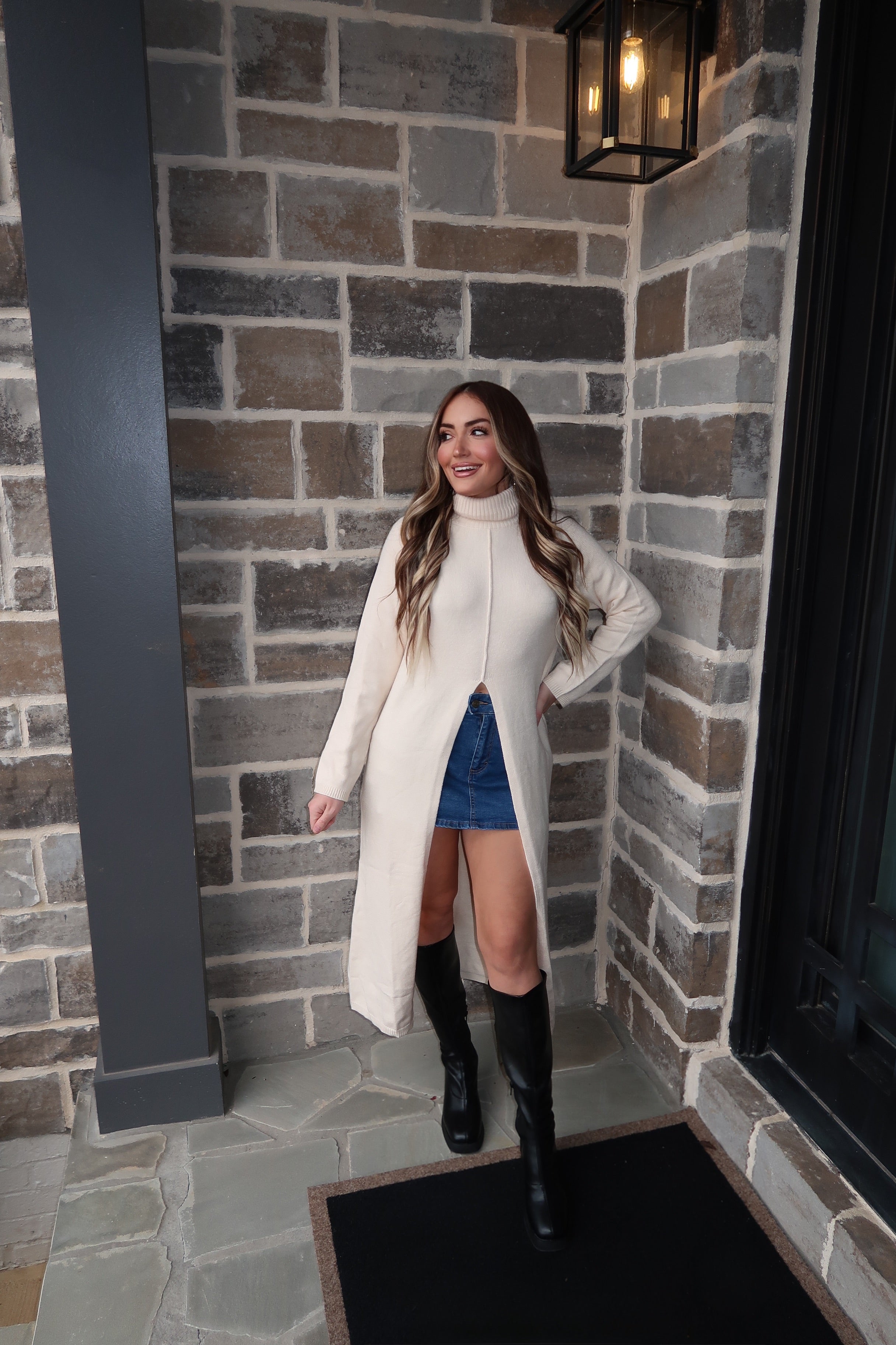 Tommie Turtleneck Tunic Sweater Dress- Ecru