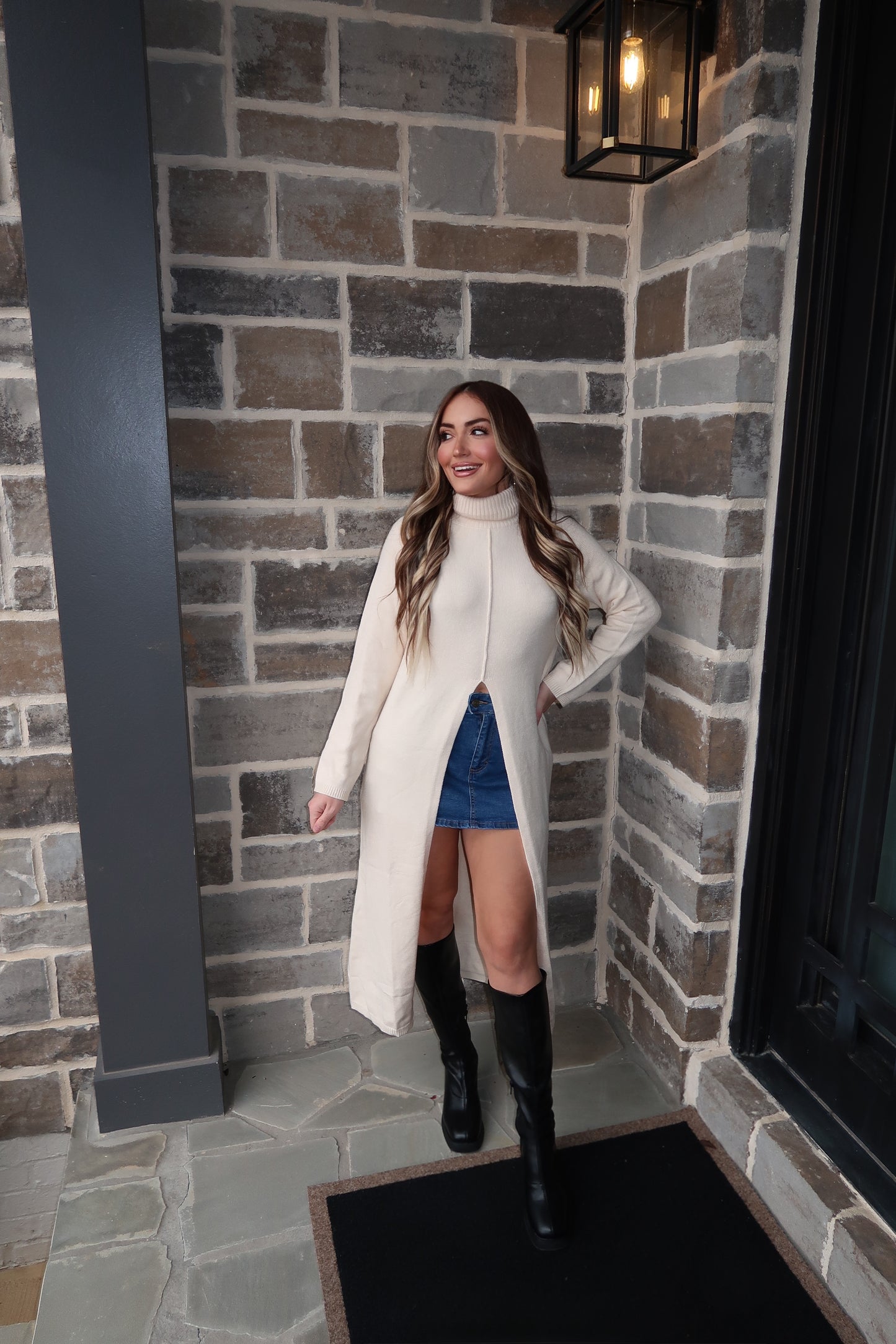 Tommie Turtleneck Tunic Sweater Dress- Ecru